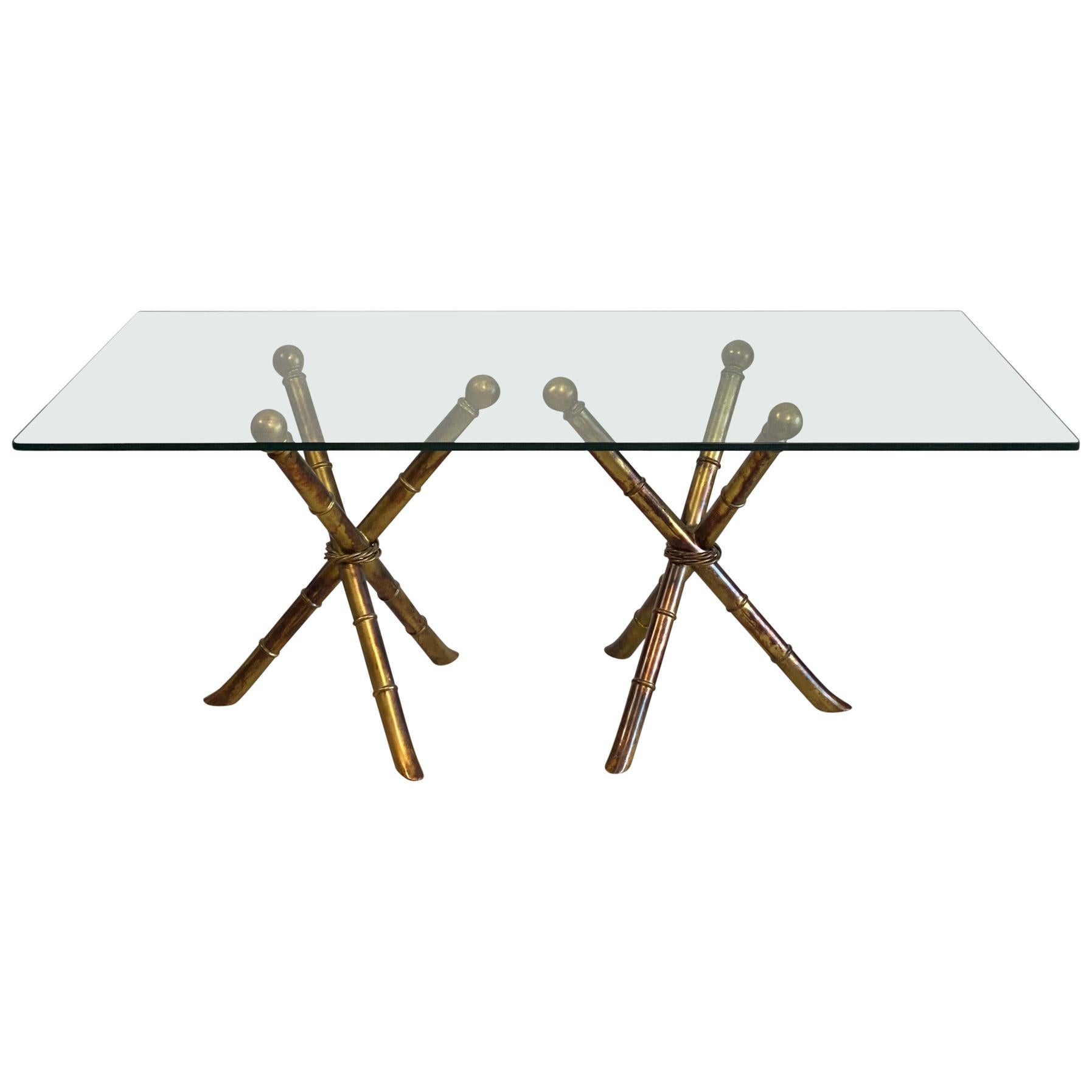 Faux Bamboo Painted Metal Dining Table with Glass Top