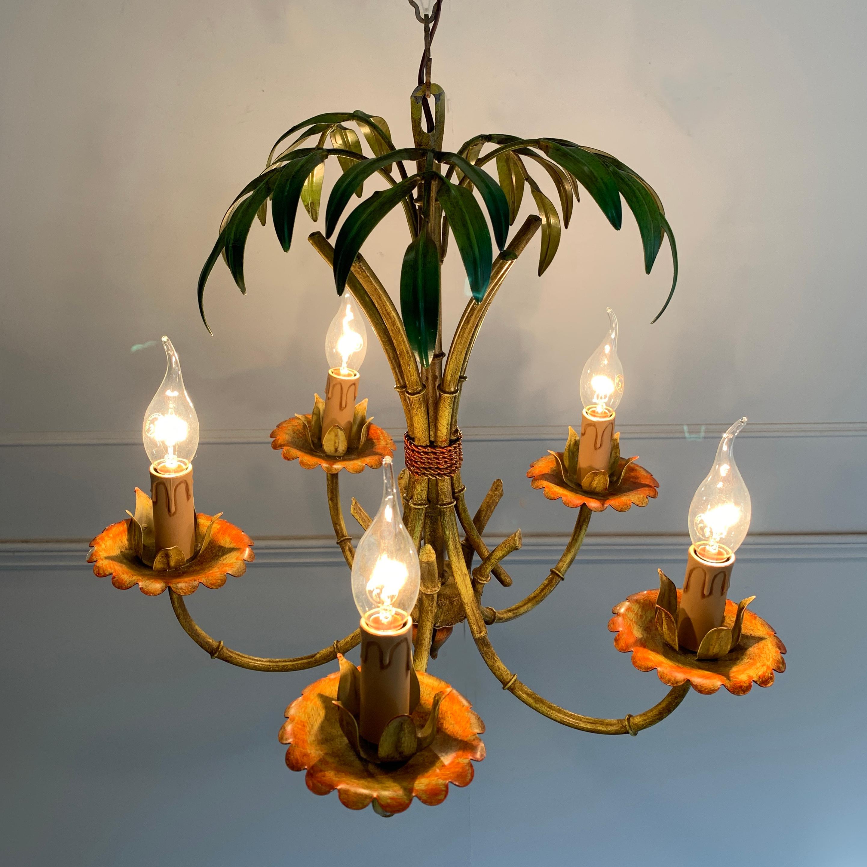 French Faux Bamboo Palm Chandelier, circa 1970s