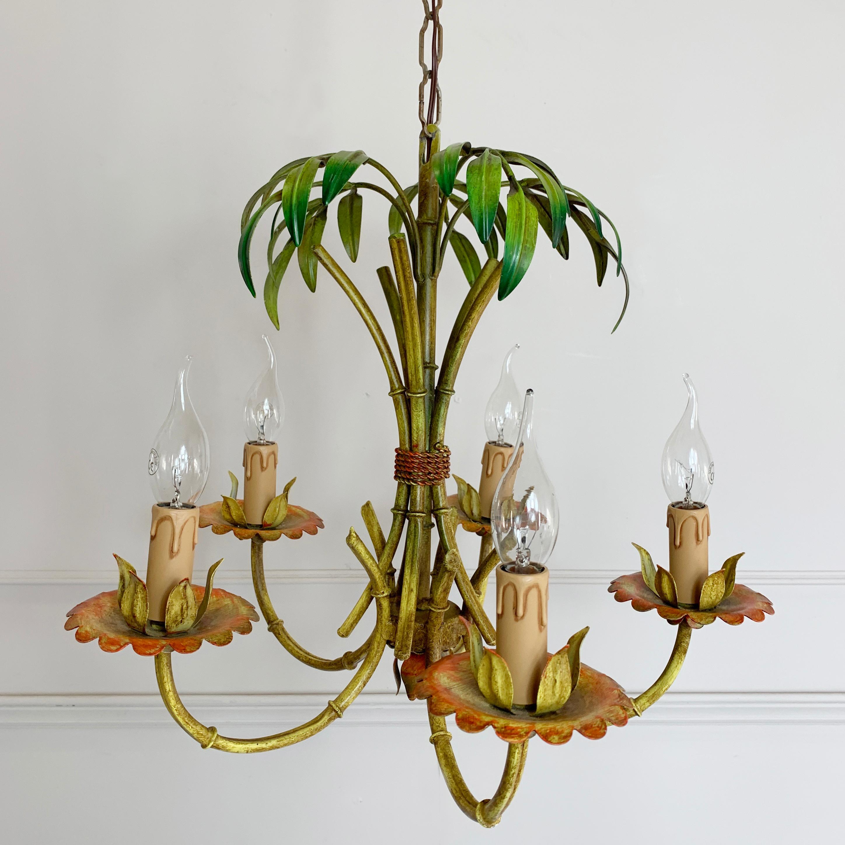 Faux Bamboo Palm Chandelier, circa 1970s In Good Condition In Hastings, GB