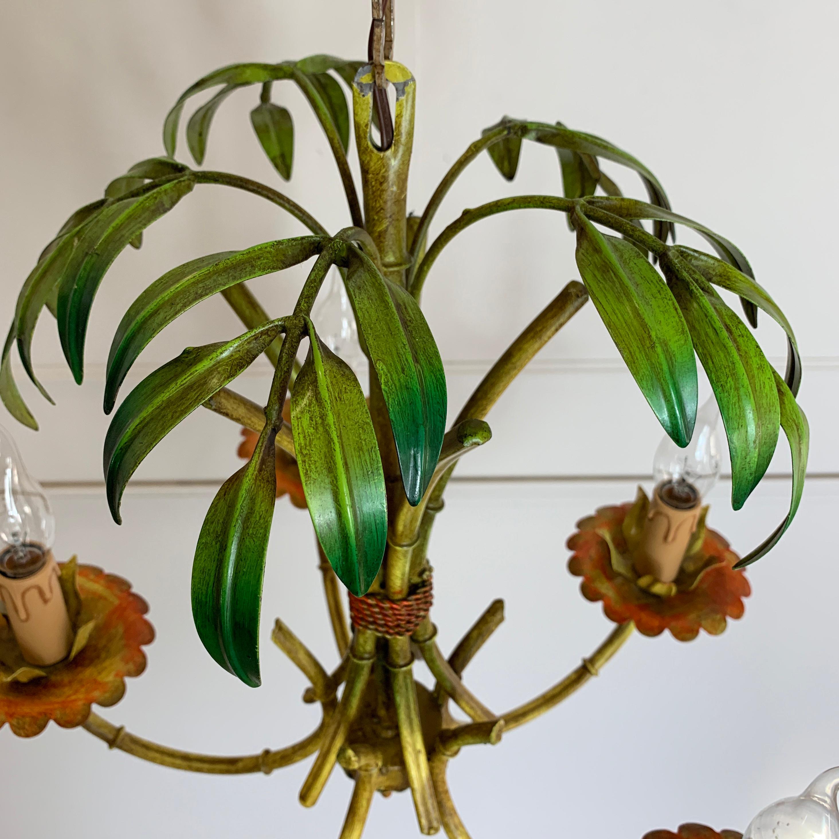 Metal Faux Bamboo Palm Chandelier, circa 1970s