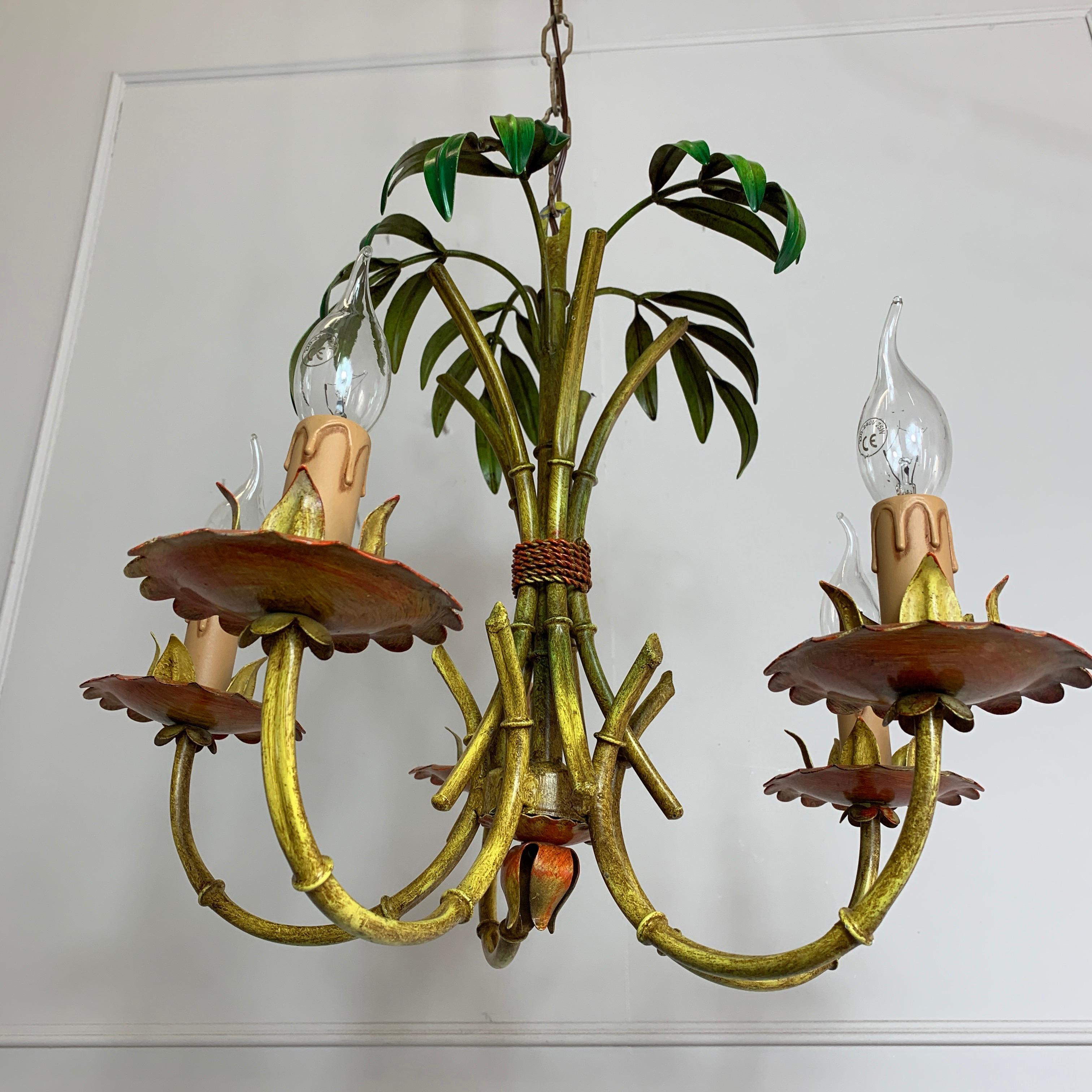 Faux Bamboo Palm Chandelier, circa 1970s 2