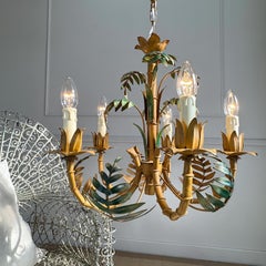 Faux Bamboo Palm Leaf Italian Tole Chandelier 1960's