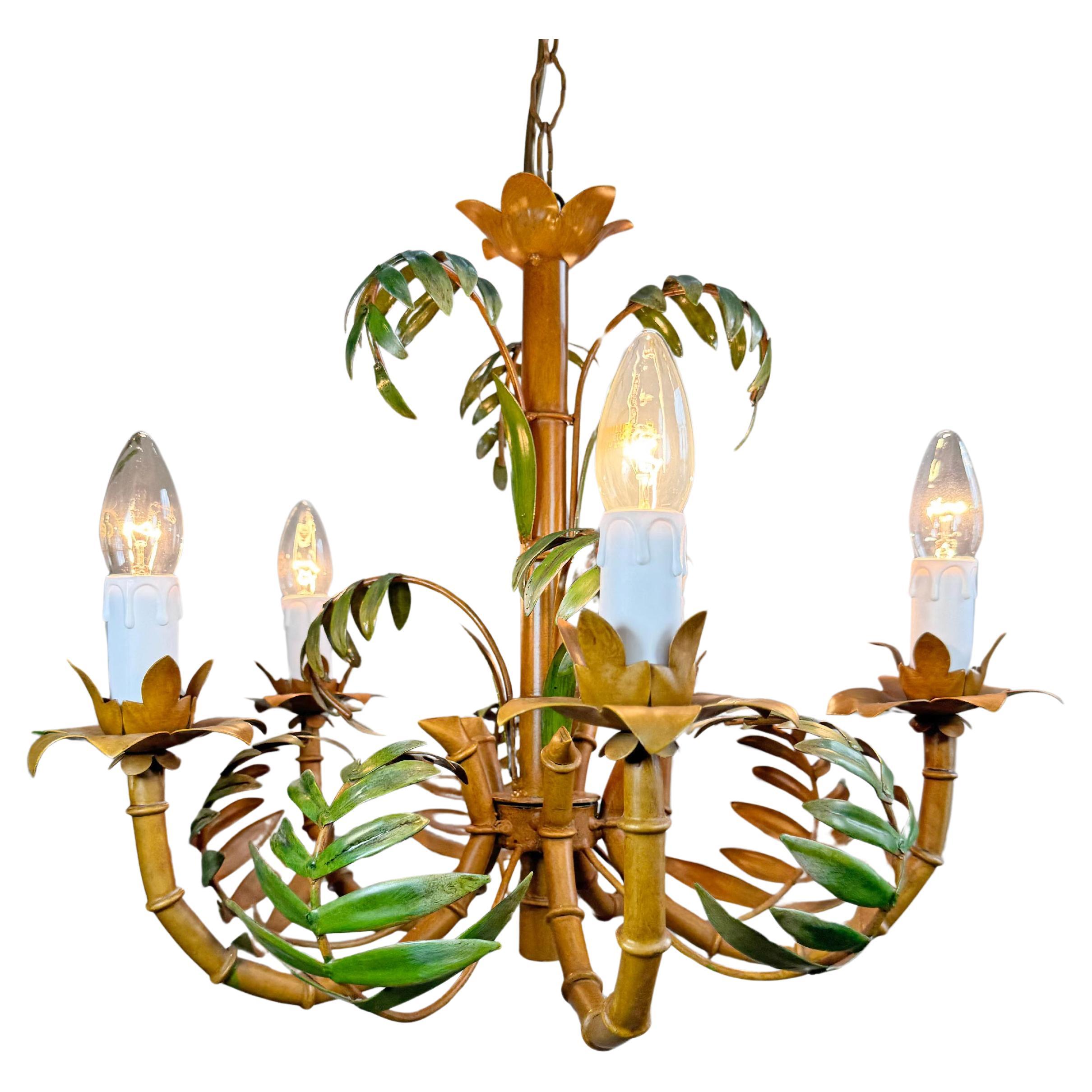 Faux Bamboo Palm Leaf Italian Tole Chandelier 1960's
