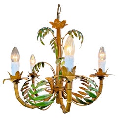 Faux Bamboo Palm Leaf Italian Tole Chandelier 1960's
