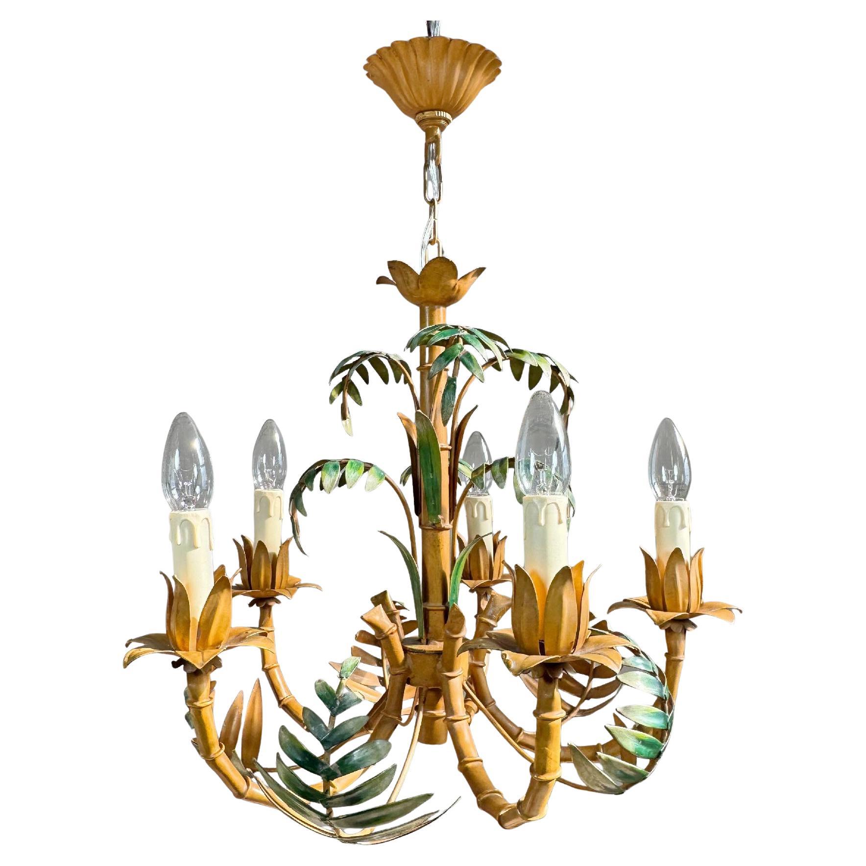 Faux Bamboo Palm Leaf Italian Tole Chandelier 1960's