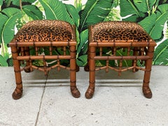 Faux Bamboo Pavilion Style Leopard Print Footstools, a Pair