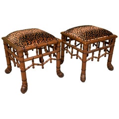 Faux Bamboo Pavilion Style Leopard Print Footstools, a Pair