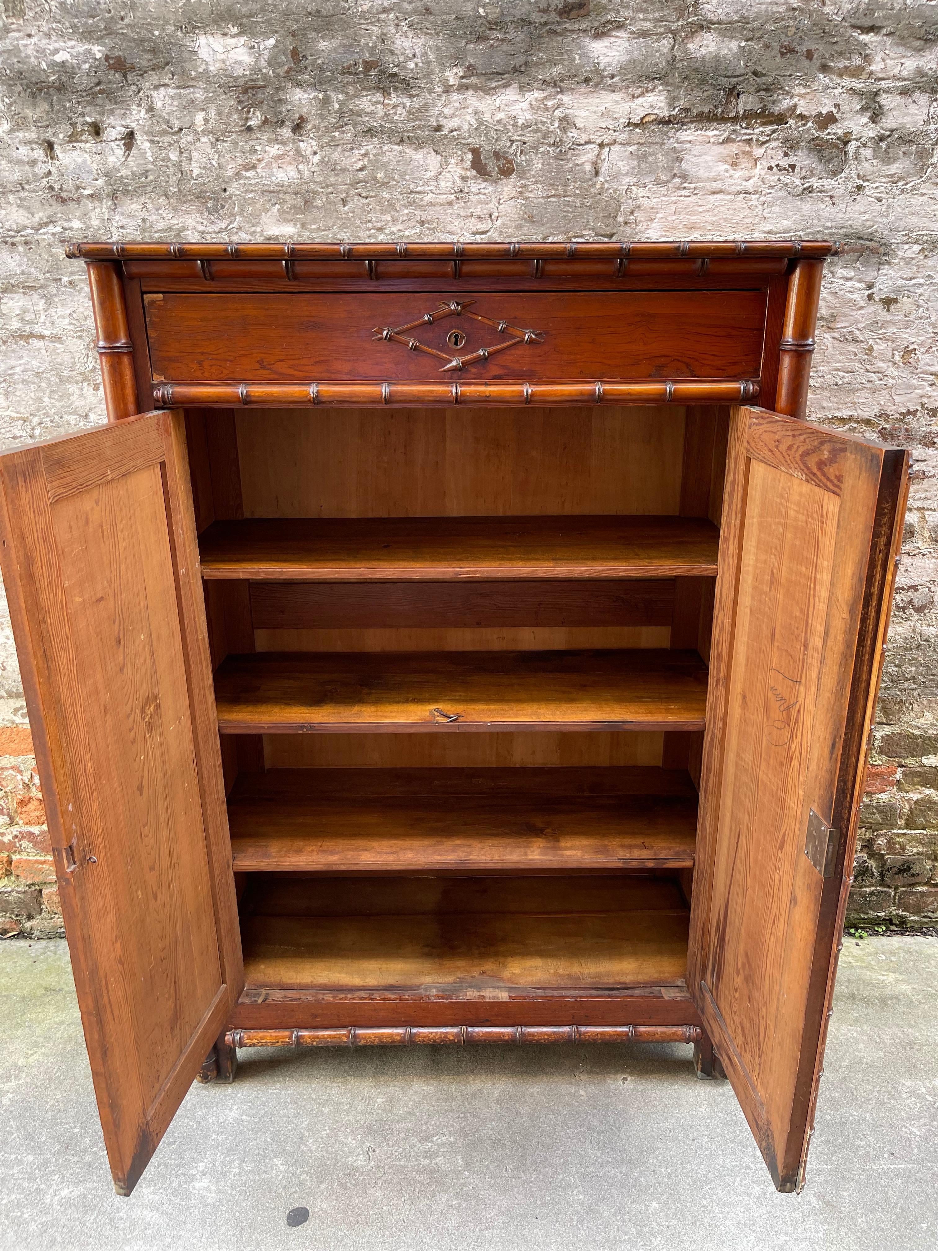 French Faux Bamboo Pine Cupboard with Drawer over 2 Doors, Early 20th Century For Sale
