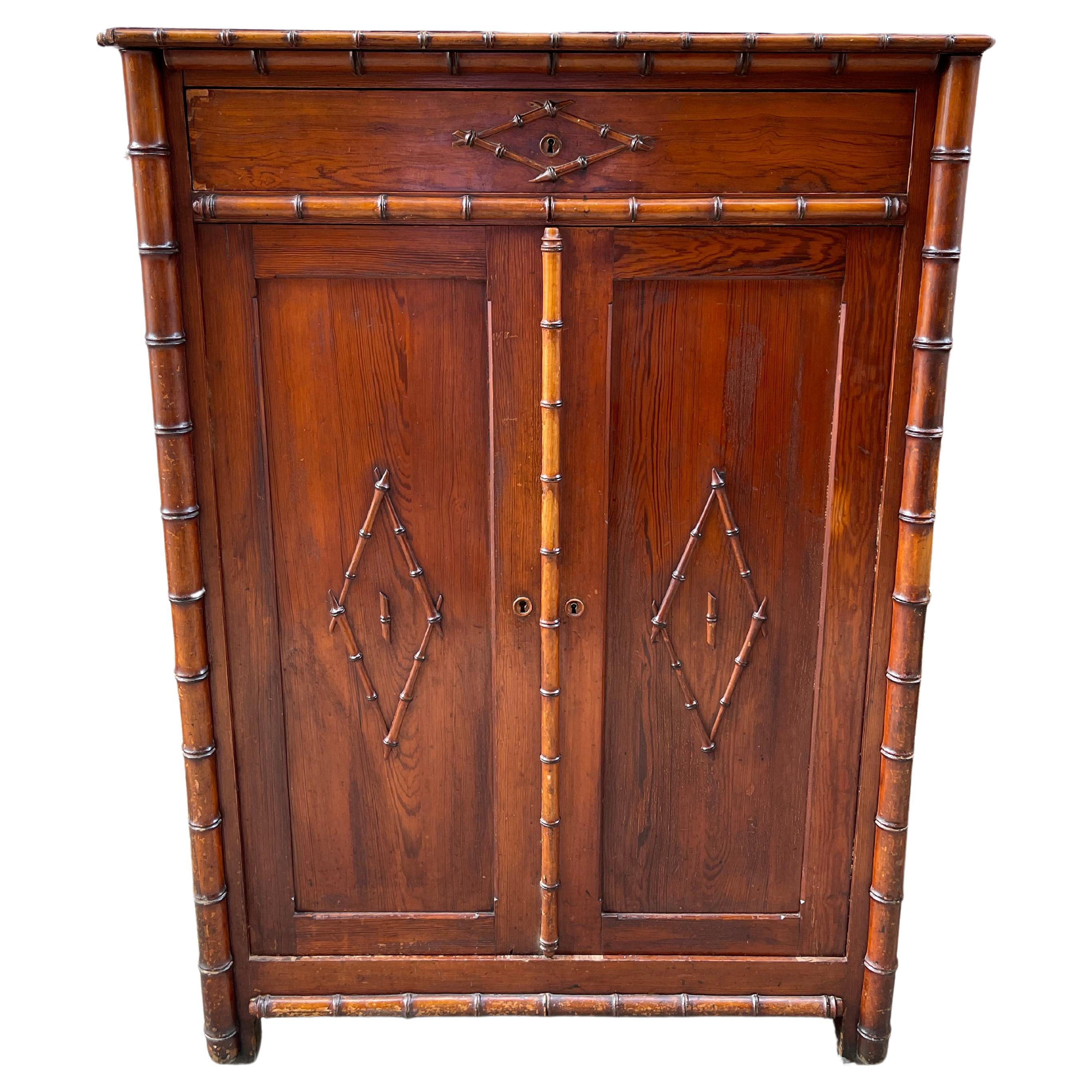Faux Bamboo Pine Cupboard with Drawer over 2 Doors, Early 20th Century For Sale