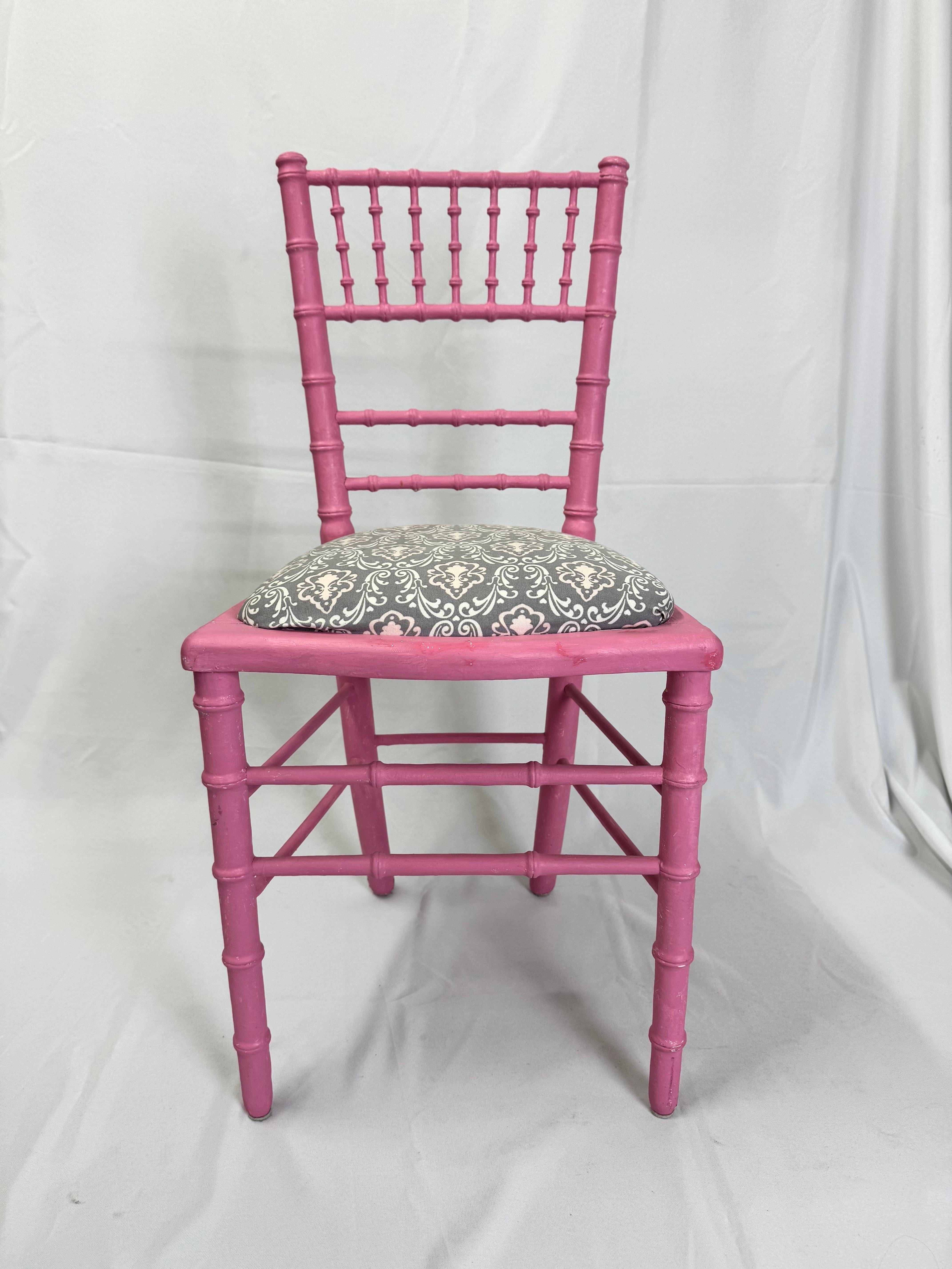 Chinoiserie Faux Bamboo Pink Desk or Vanity Chair For Sale