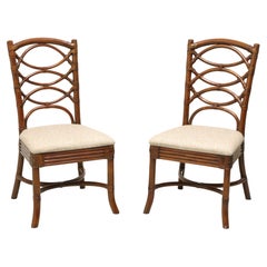 Faux Bamboo Rattan Asian Influenced Dining Side Chairs - Pair