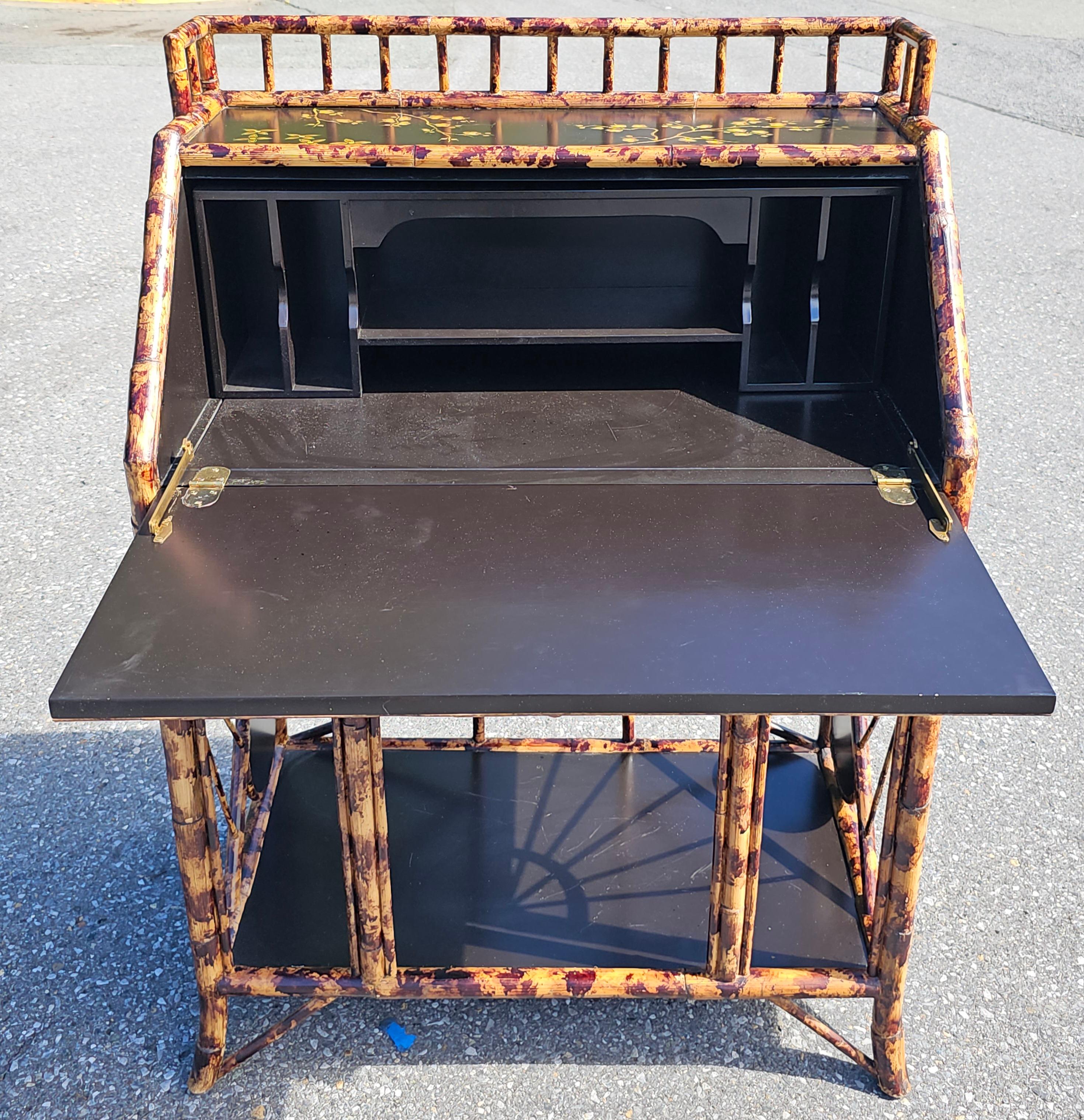 Modern Faux Bamboo Rattan Enamel and Decorated Slant Top Secretary Desk For Sale