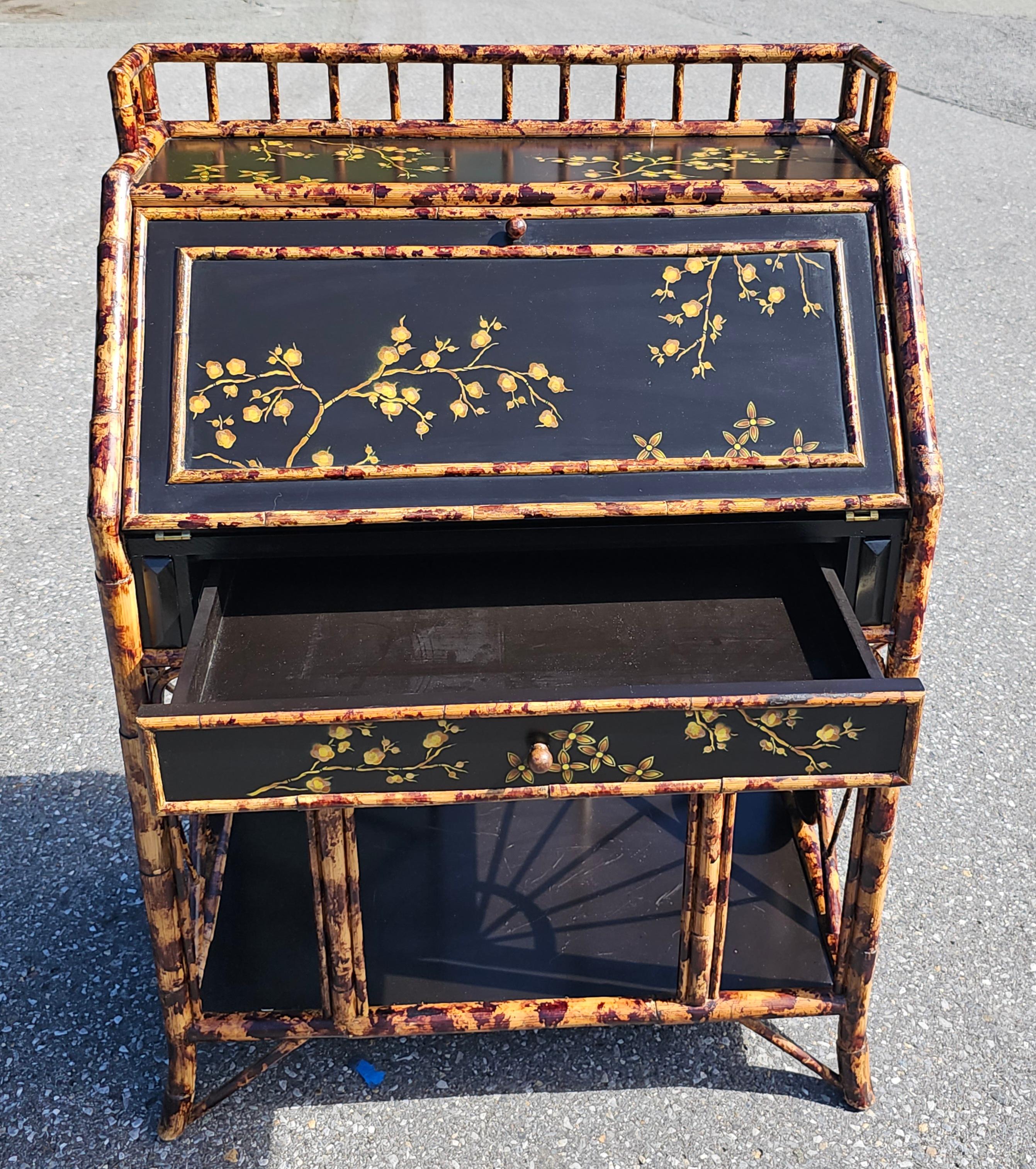 Philippine Faux Bamboo Rattan Enamel and Decorated Slant Top Secretary Desk For Sale