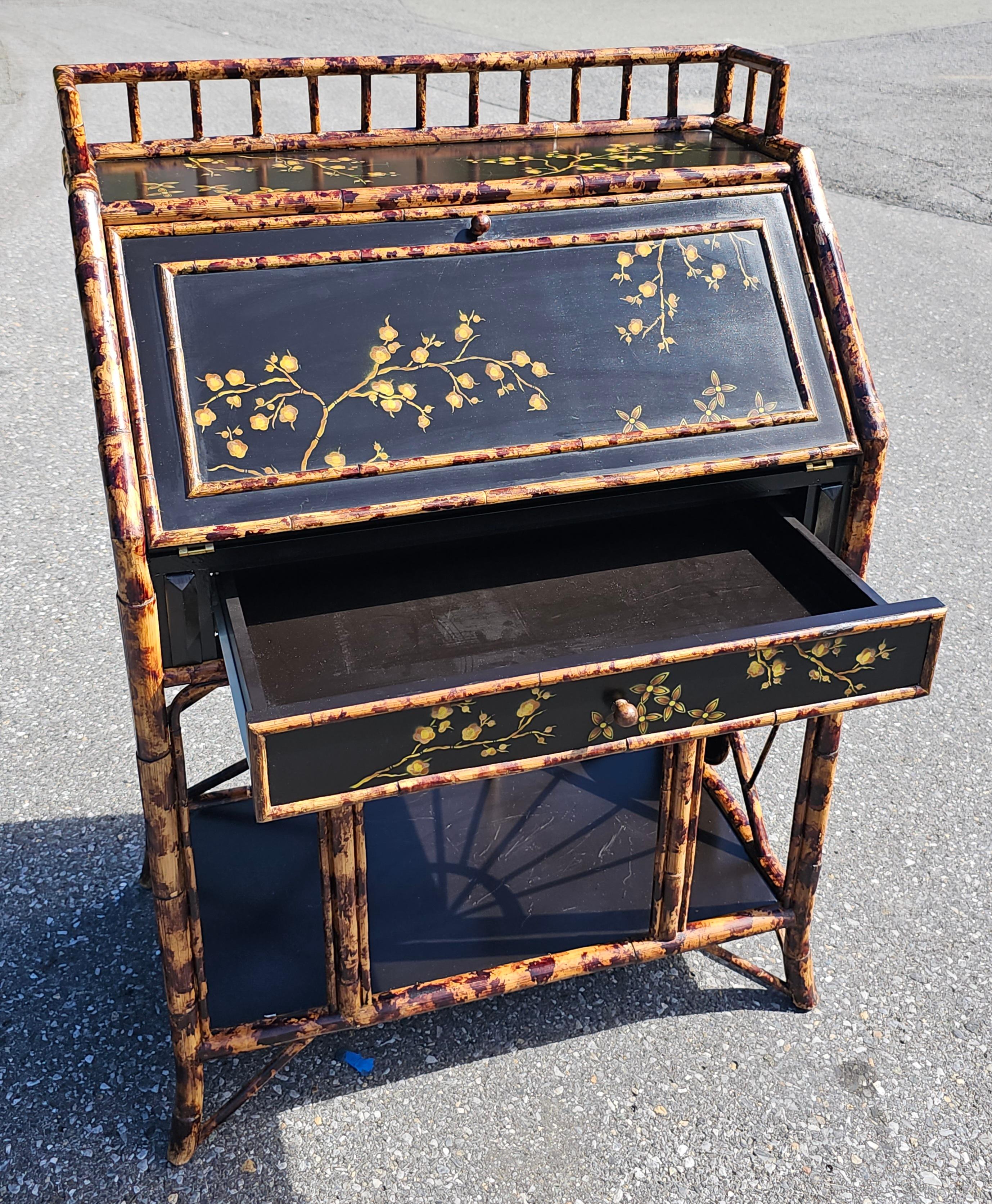 Enameled Faux Bamboo Rattan Enamel and Decorated Slant Top Secretary Desk For Sale