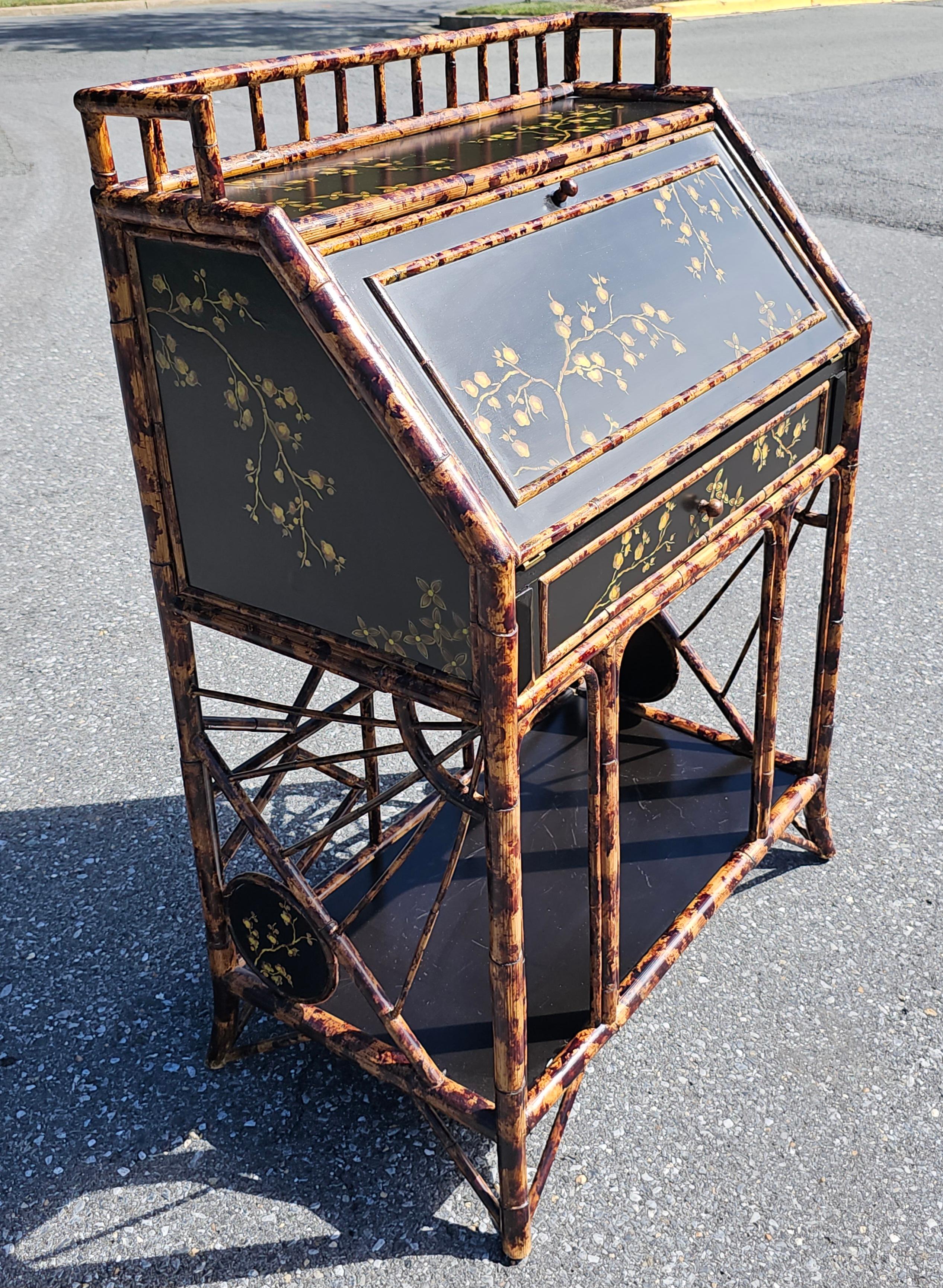 20th Century Faux Bamboo Rattan Enamel and Decorated Slant Top Secretary Desk For Sale