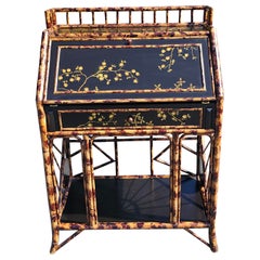 Faux Bamboo Rattan Enamel and Decorated Slant Top Secretary Desk