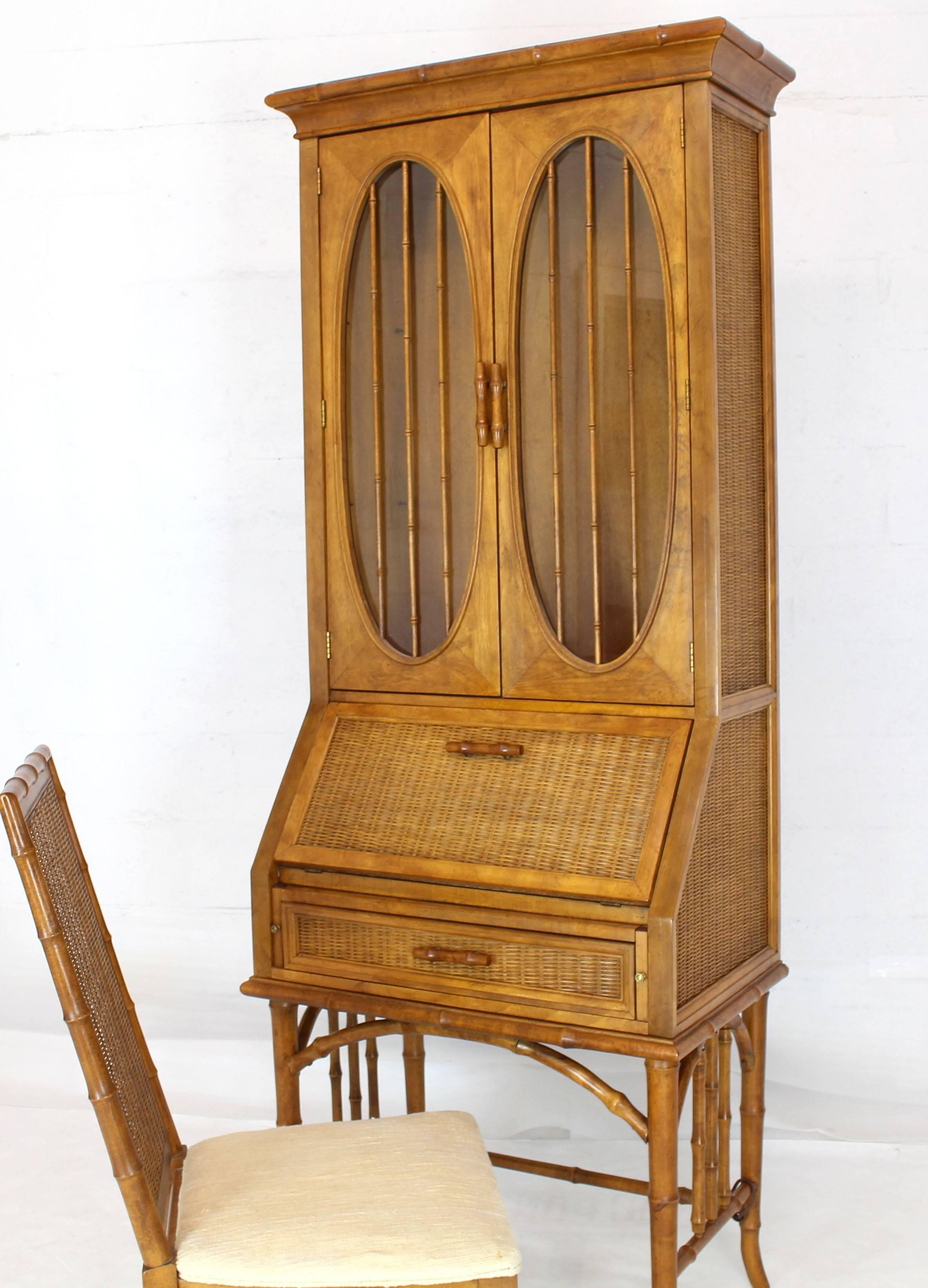 Faux Bamboo Rattan Light Fruitwood Finish Oval Glass Secretary Bookcase Cabinet In Excellent Condition In Rockaway, NJ