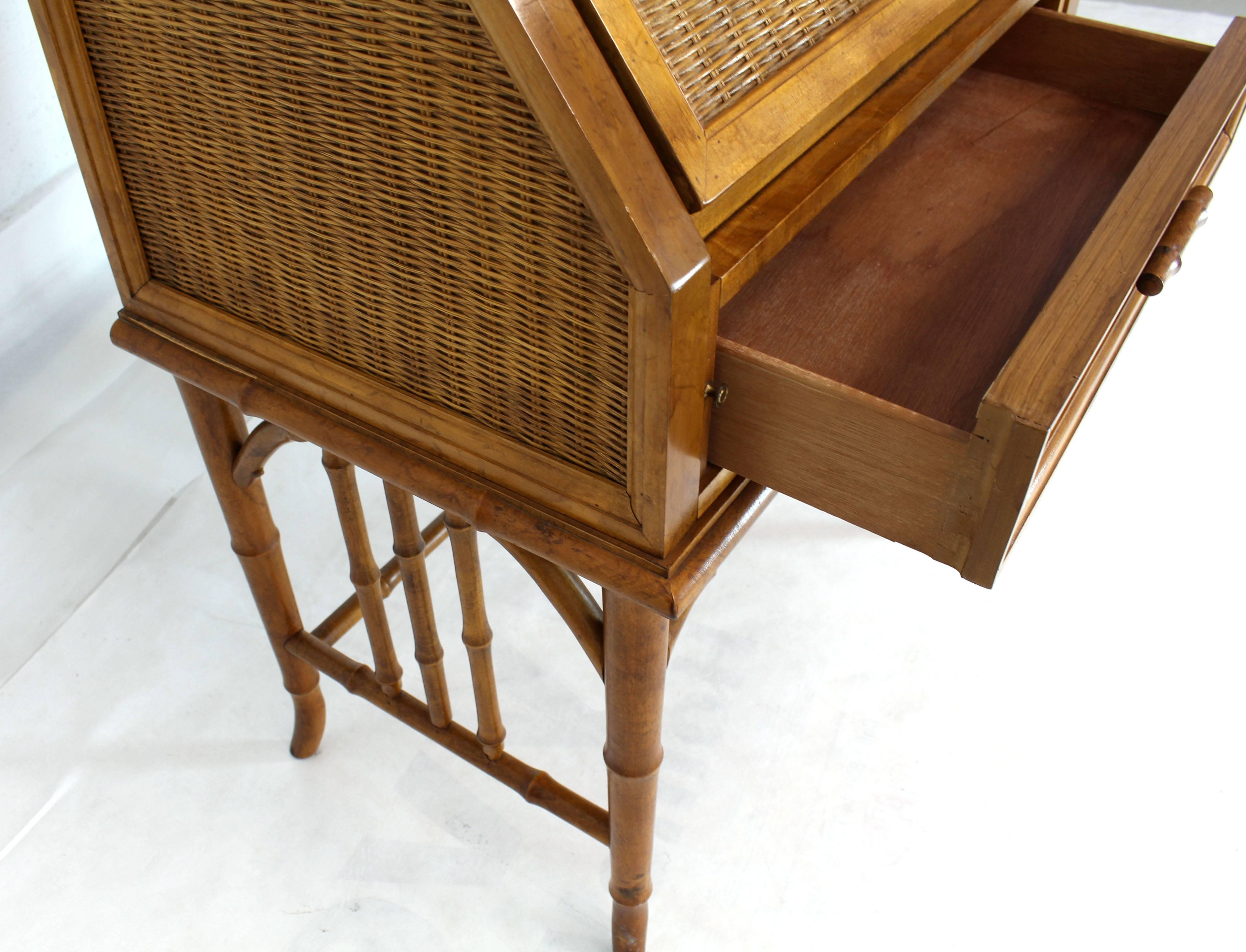 20th Century Faux Bamboo Rattan Light Fruitwood Finish Oval Glass Secretary Bookcase Cabinet
