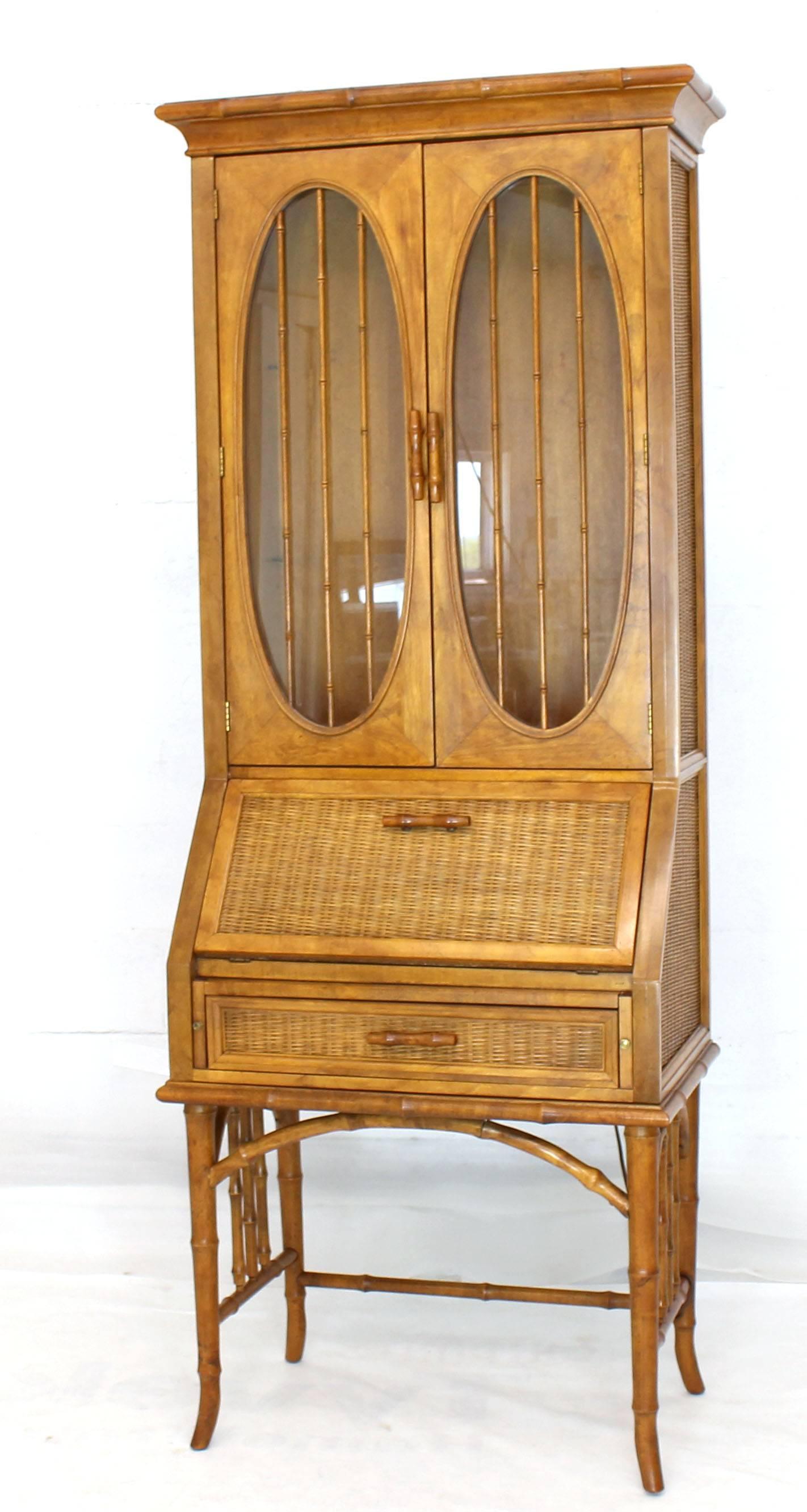 Faux Bamboo Rattan Light Fruitwood Finish Oval Glass Secretary Bookcase Cabinet 1