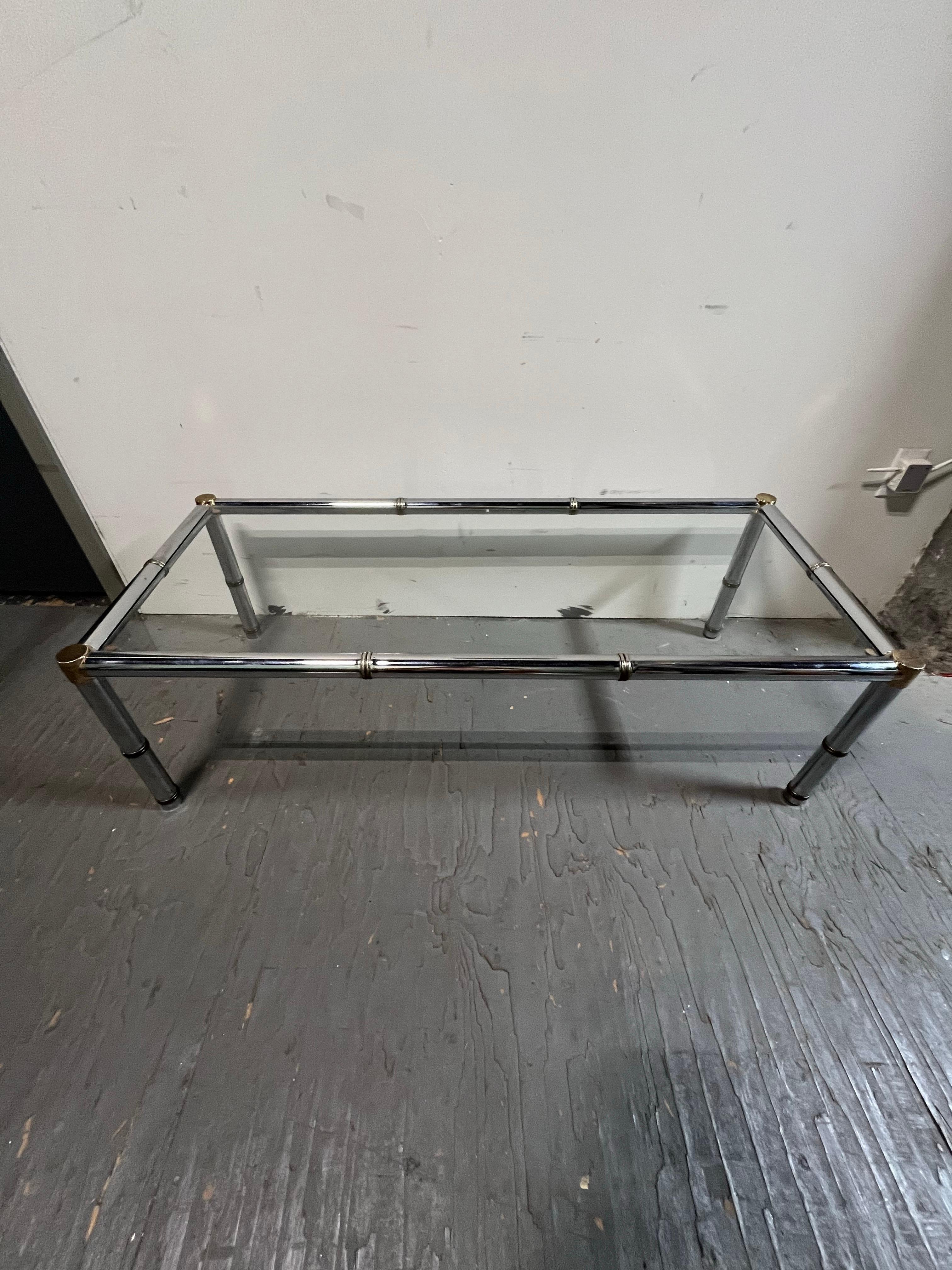 Mid-Century Modern Faux Bamboo Rectangular Brass and Chrome Glass Top Coffee Table For Sale