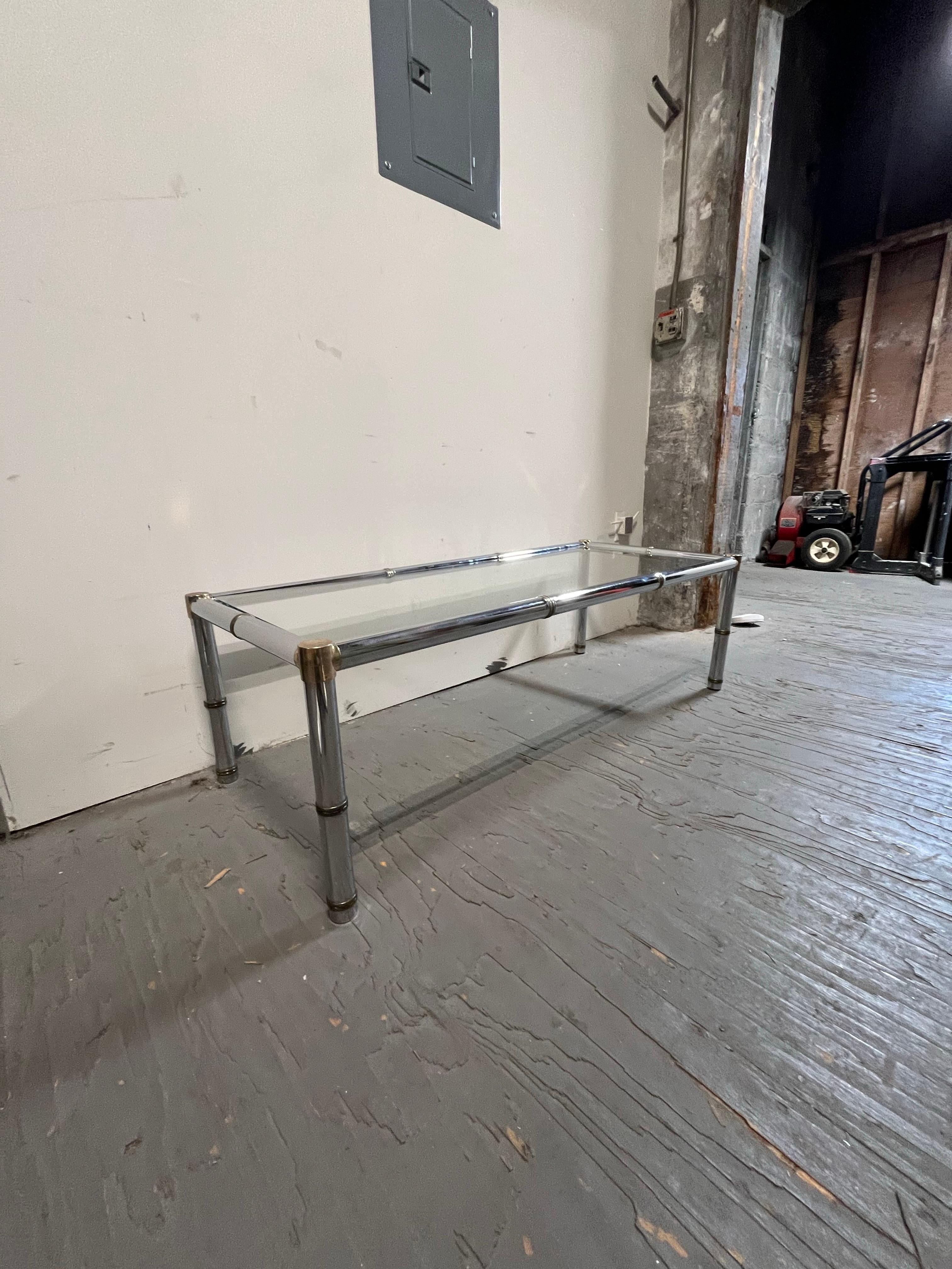 Polished Faux Bamboo Rectangular Brass and Chrome Glass Top Coffee Table For Sale