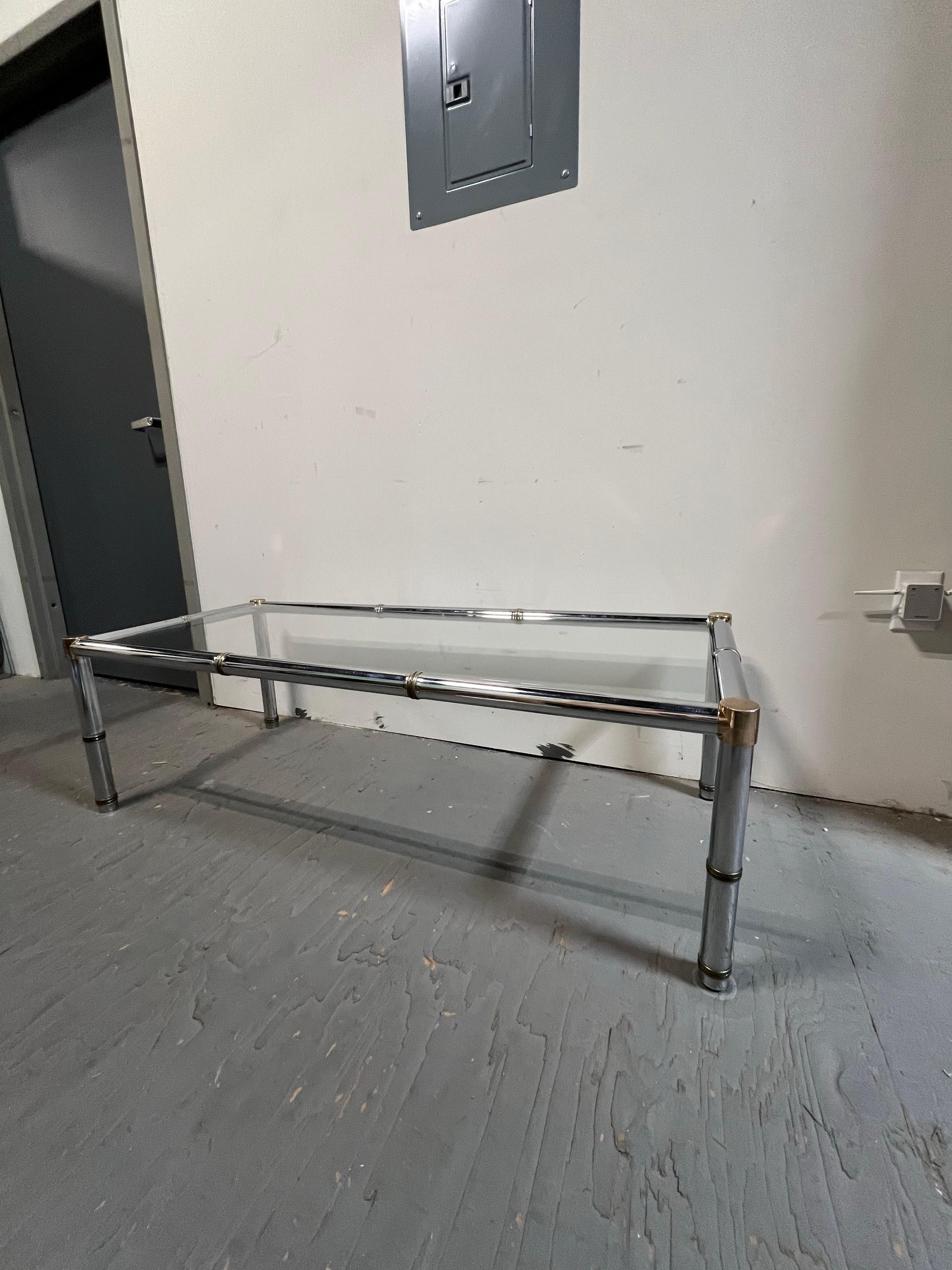 20th Century Faux Bamboo Rectangular Brass and Chrome Glass Top Coffee Table For Sale