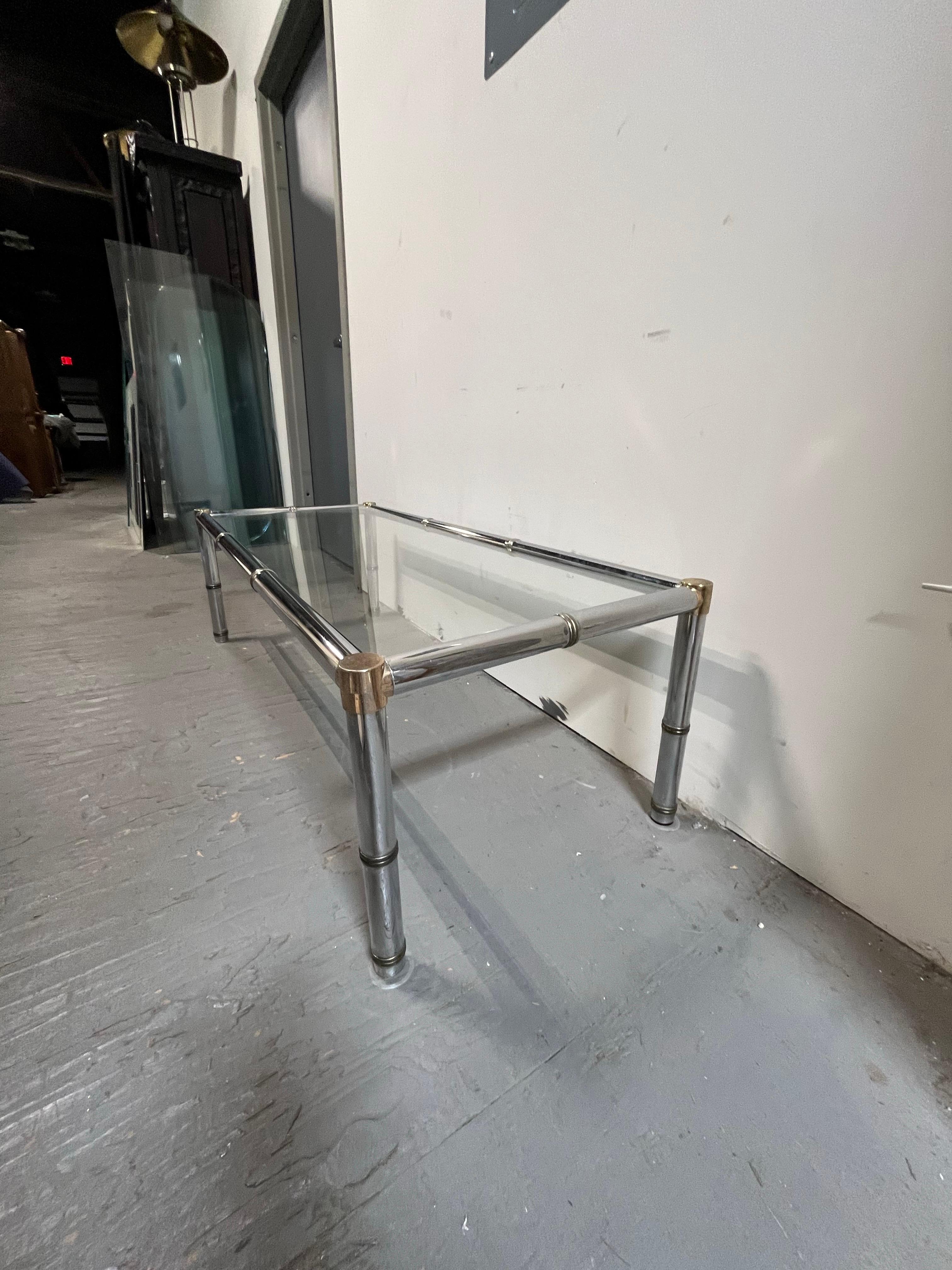 Faux Bamboo Rectangular Brass and Chrome Glass Top Coffee Table For Sale 2