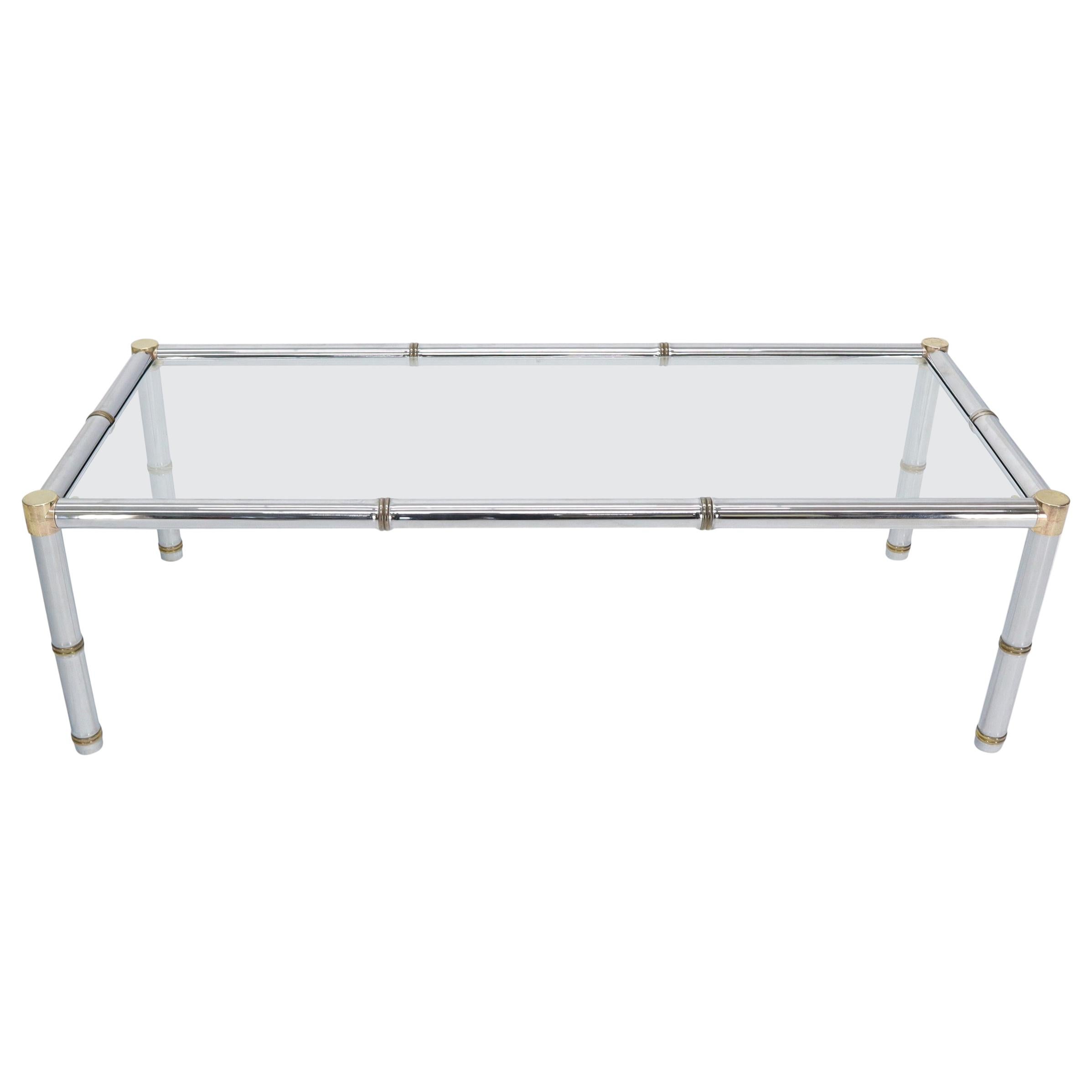 Faux Bamboo Rectangular Brass and Chrome Glass Top Coffee Table