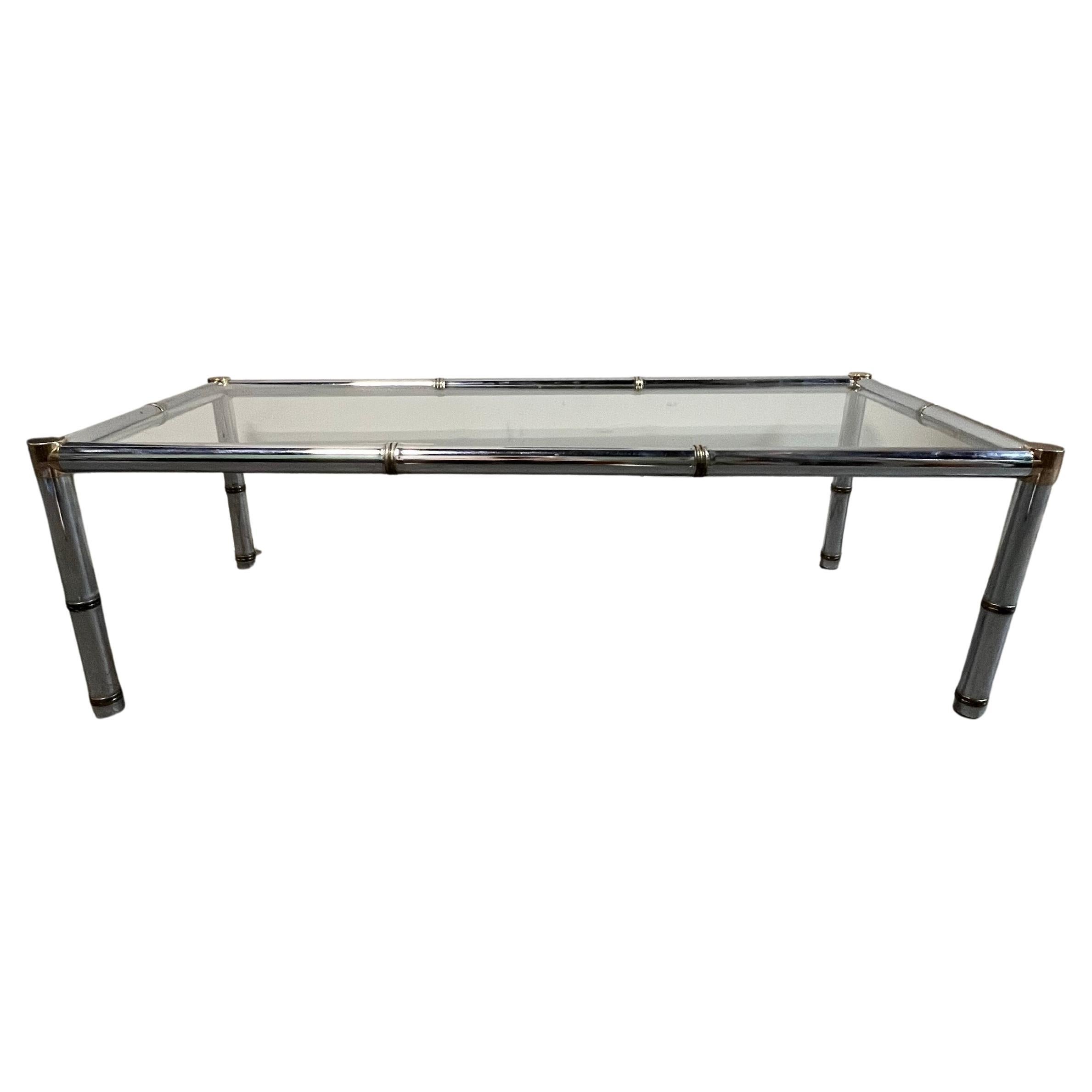 Faux Bamboo Rectangular Brass and Chrome Glass Top Coffee Table For Sale