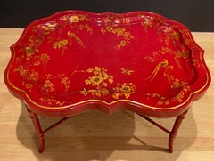 Faux Bamboo Red Lacquer Chinoiserie Tray Table