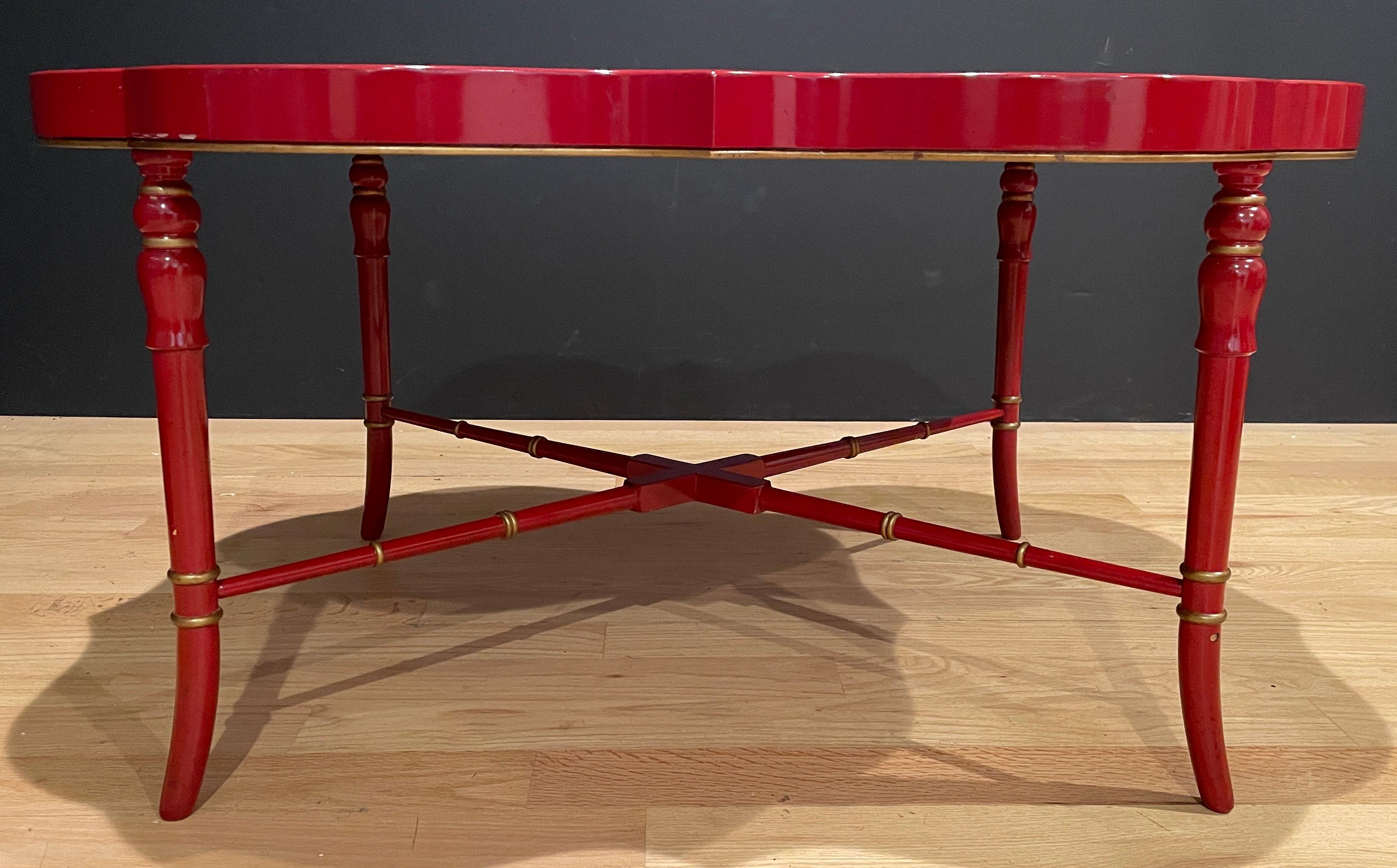 Gilt Faux Bamboo Red Lacquer Chinoiserie Tray Table For Sale