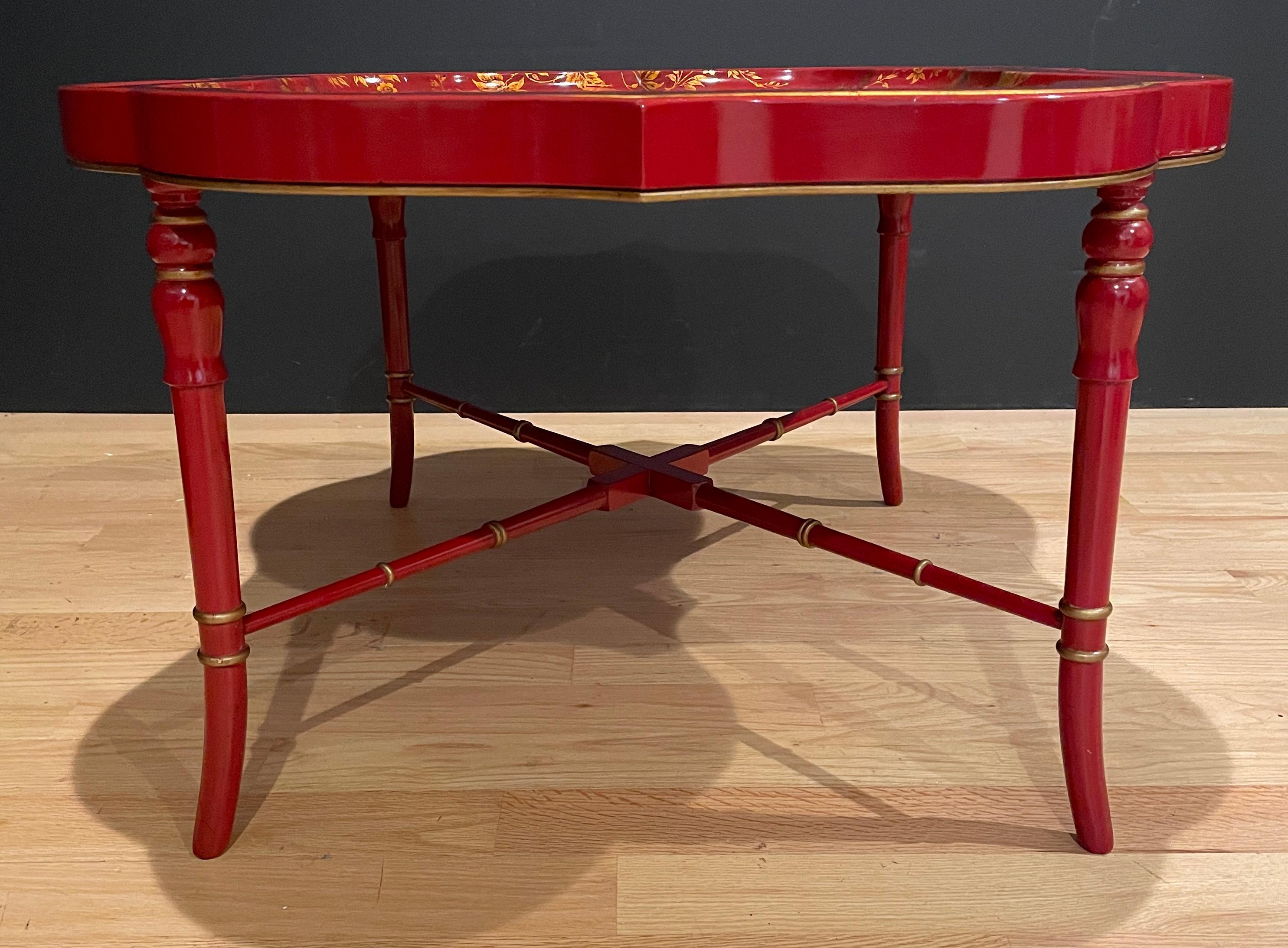Faux Bamboo Red Lacquer Chinoiserie Tray Table In Good Condition For Sale In Norwood, NJ