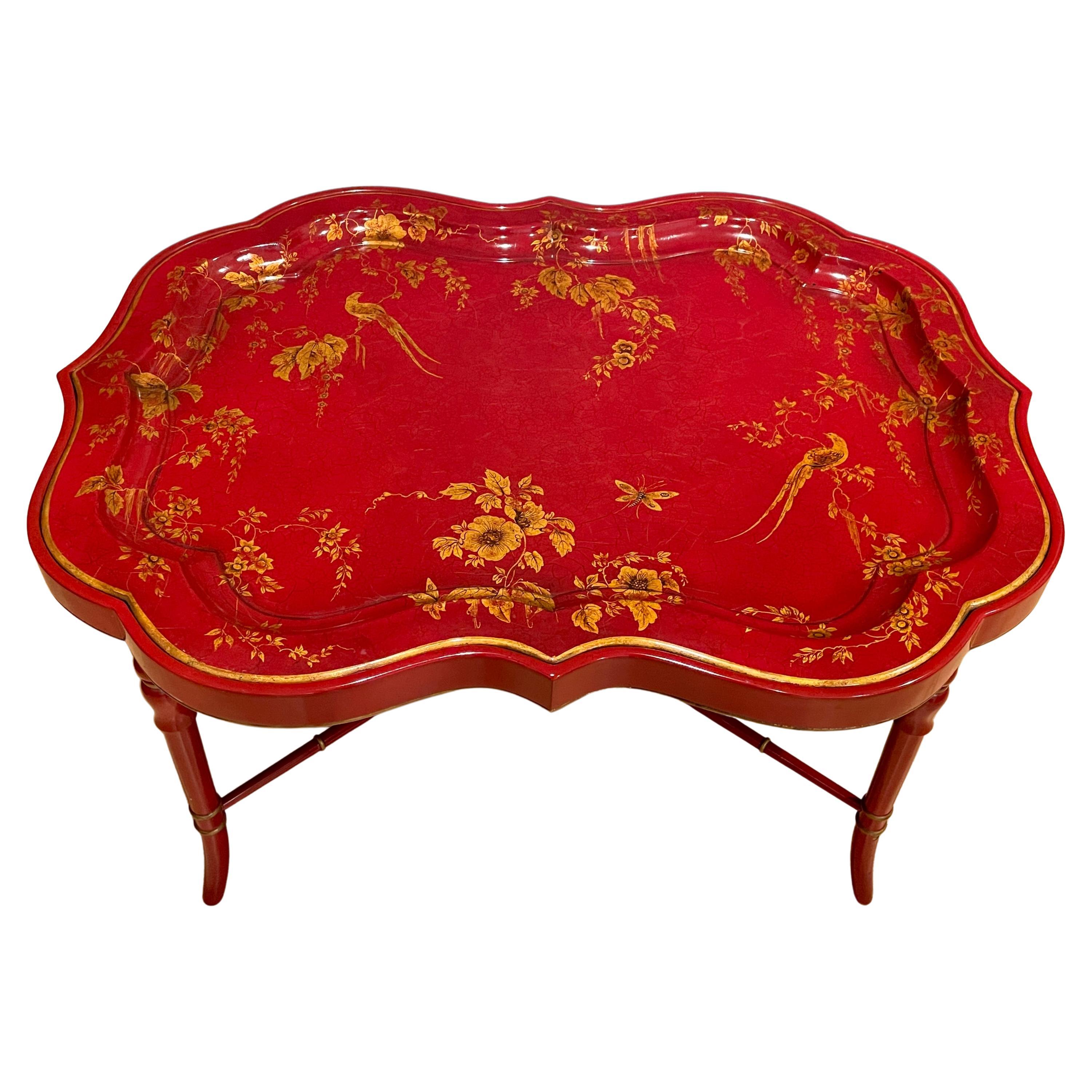 Faux Bamboo Red Lacquer Chinoiserie Tray Table