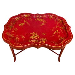 Faux Bamboo Red Lacquer Chinoiserie Tray Table