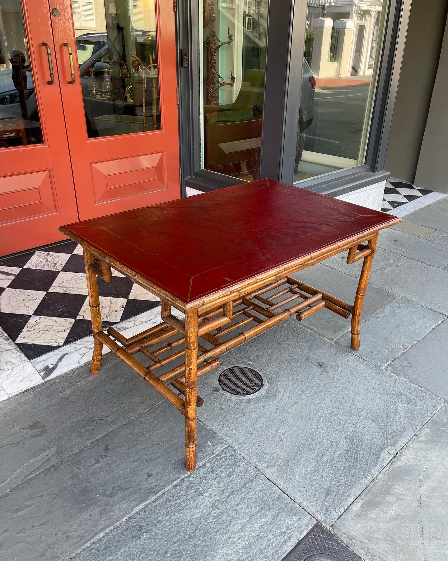 Chinese Chippendale Faux Bamboo Red Leather Top Writing Desk, Mid-20th Century For Sale