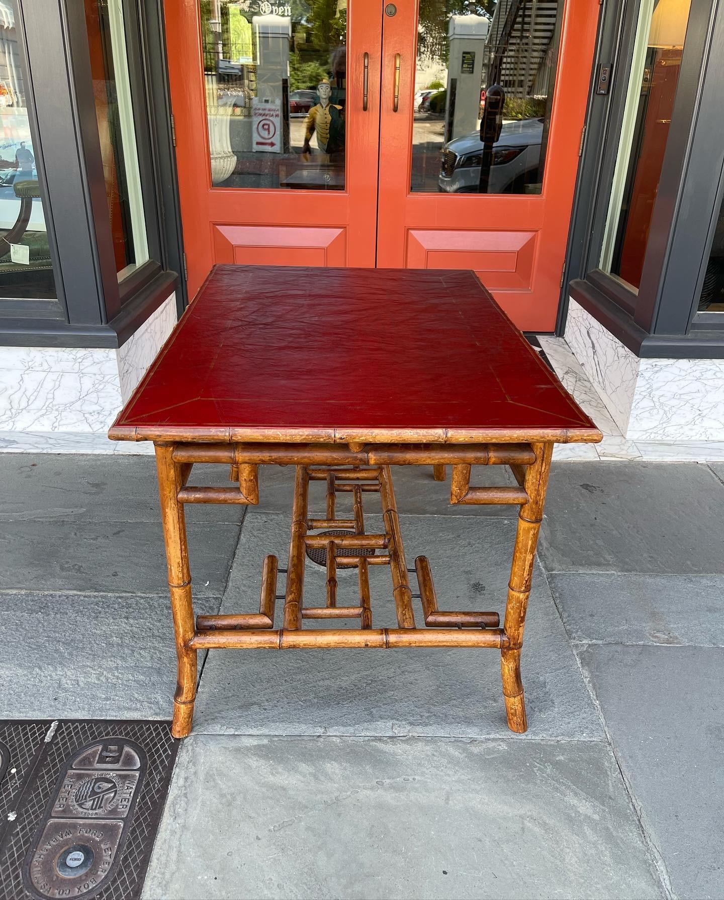 European Faux Bamboo Red Leather Top Writing Desk, Mid-20th Century For Sale
