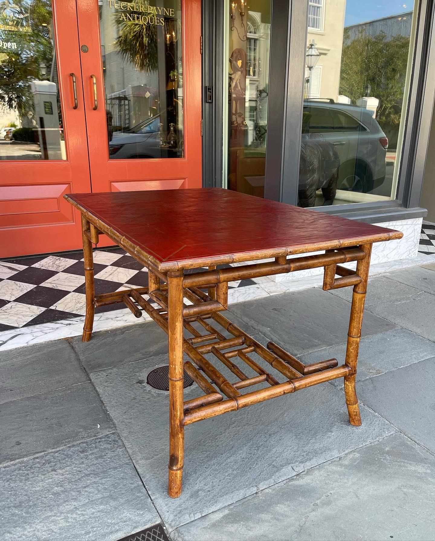 Faux Bamboo Red Leather Top Writing Desk, Mid-20th Century In Distressed Condition For Sale In Charleston, SC