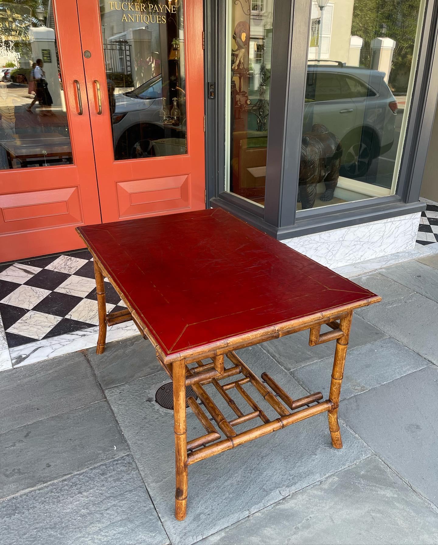 Faux Bamboo Red Leather Top Writing Desk, Mid-20th Century 1