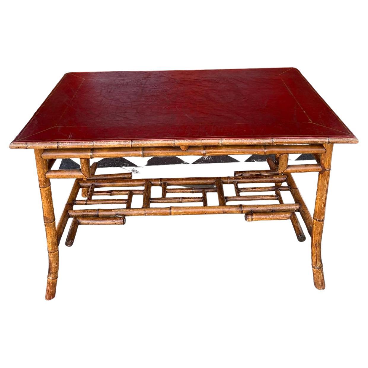 Faux Bamboo Red Leather Top Writing Desk, Mid-20th Century For Sale