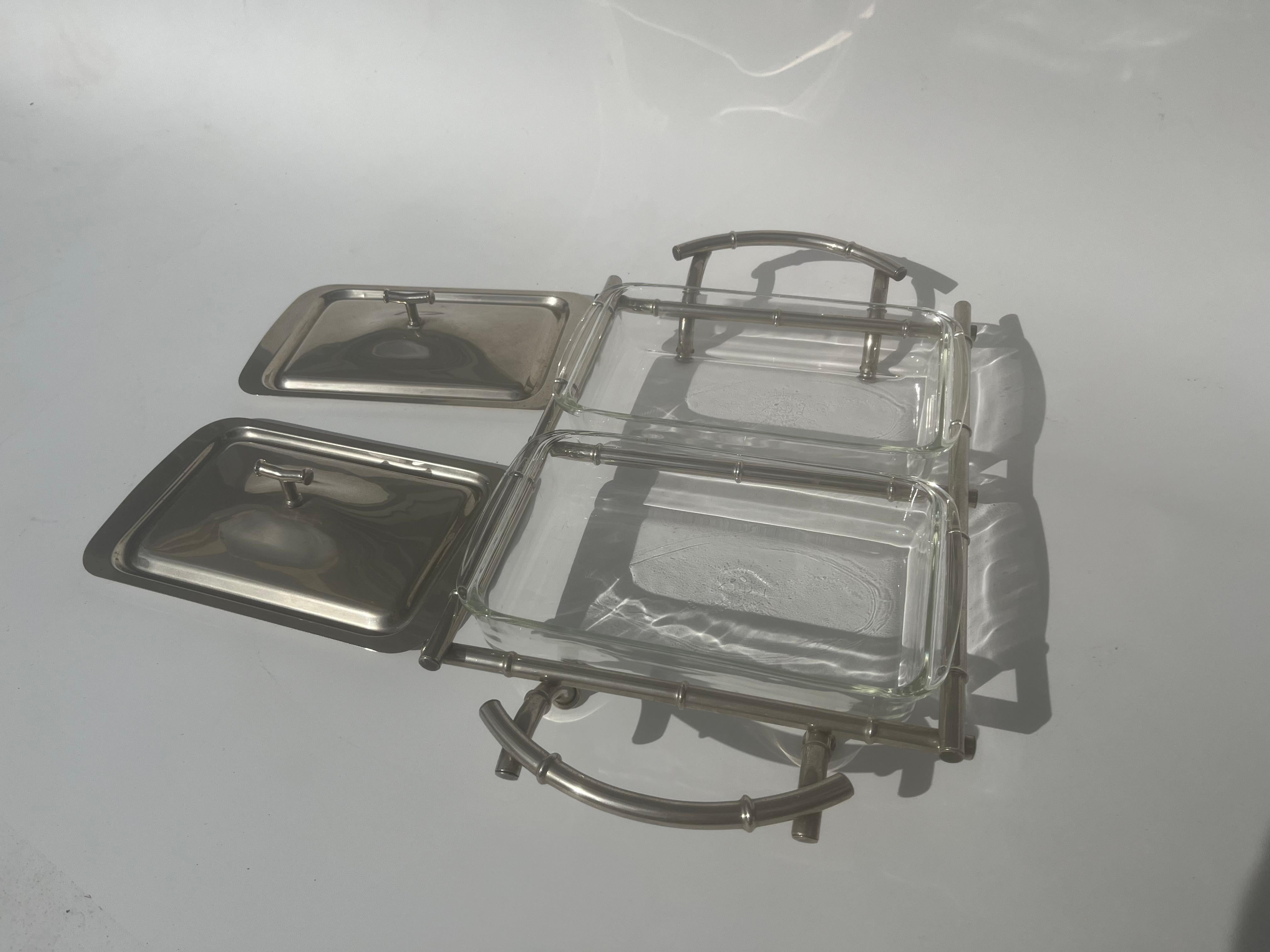 Service en faux bambou, verre Pyrex, plaqué argent en vente 4