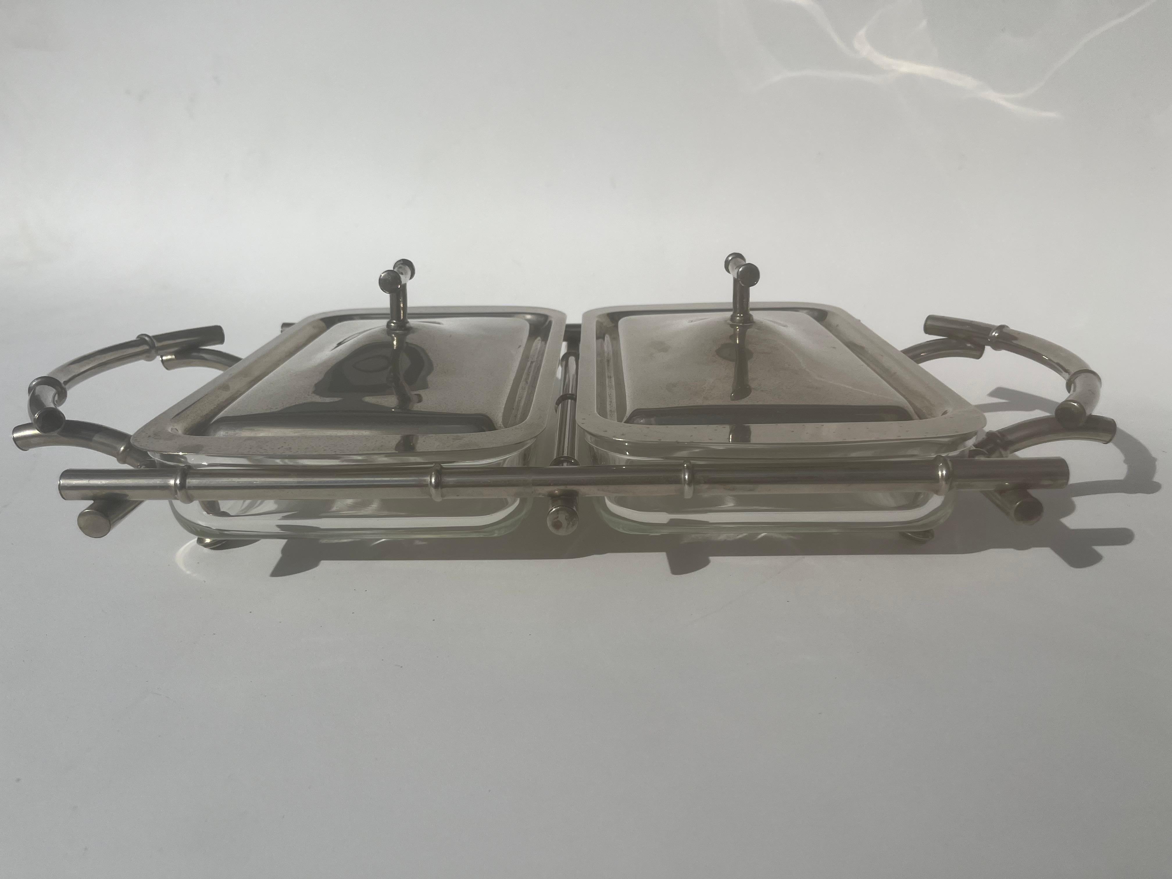 Américain Service en faux bambou, verre Pyrex, plaqué argent en vente