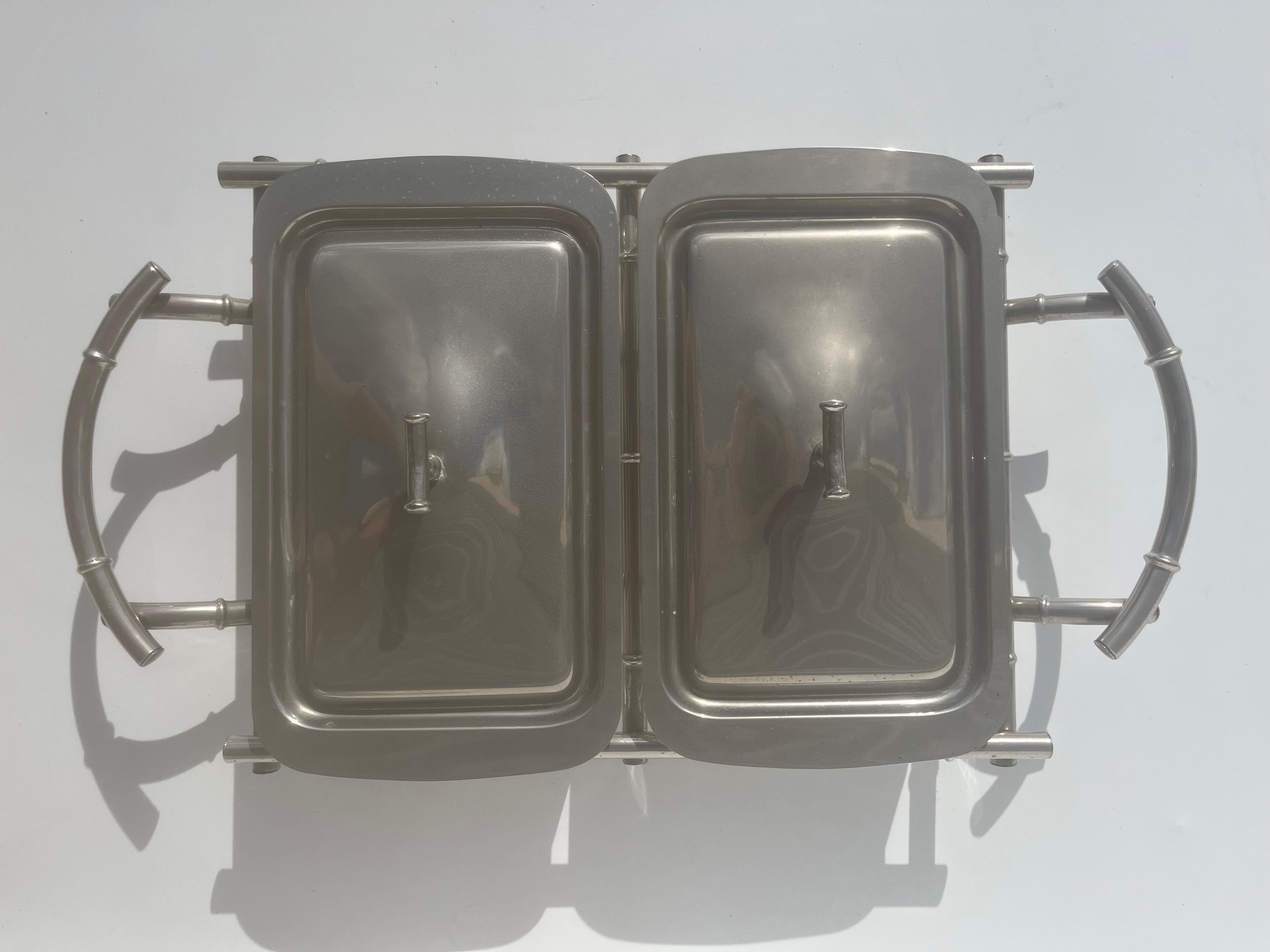Service en faux bambou, verre Pyrex, plaqué argent en vente 1