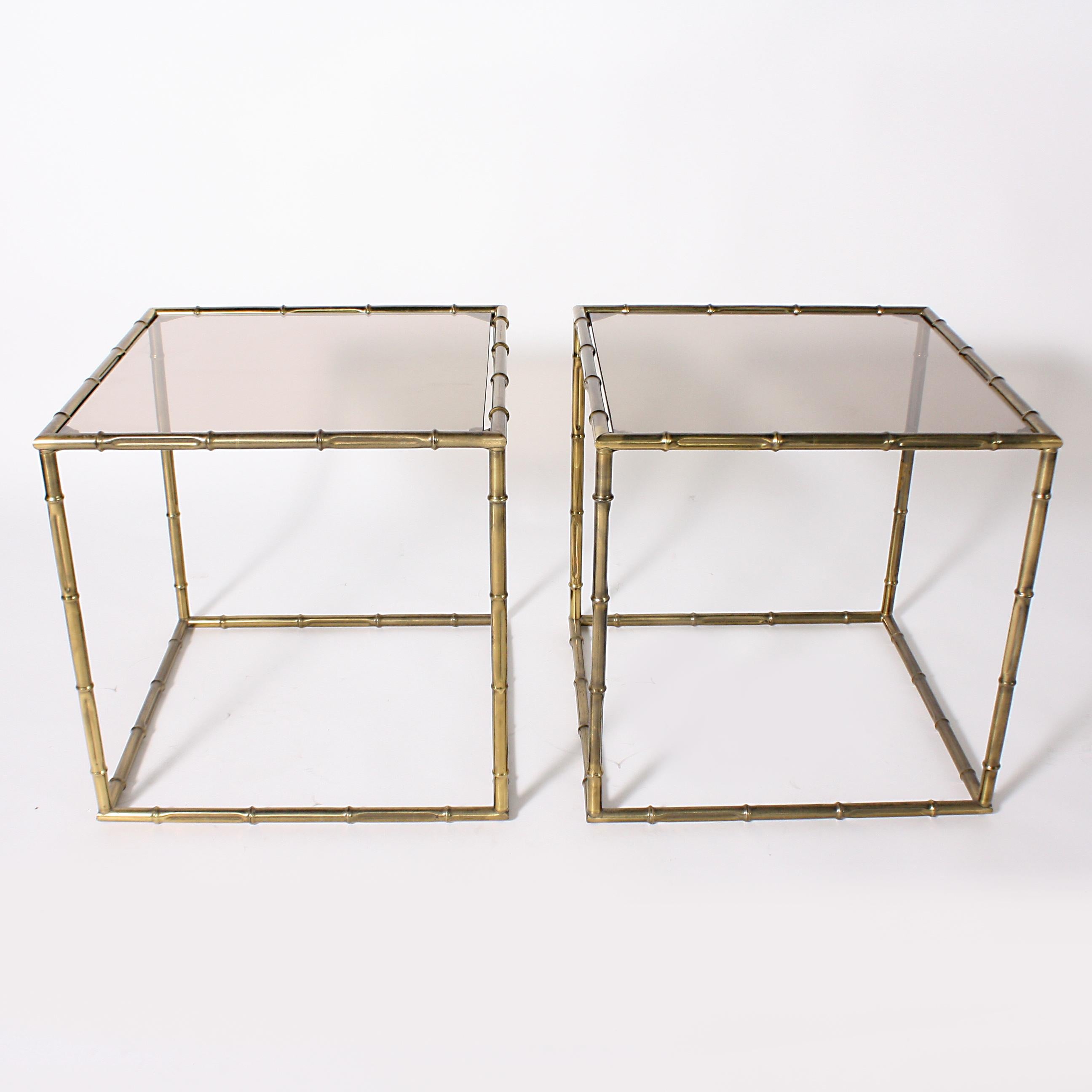 Faux Bamboo Side Tables with Smoky Glass Tops, circa 1960 In Good Condition In Dallas, TX