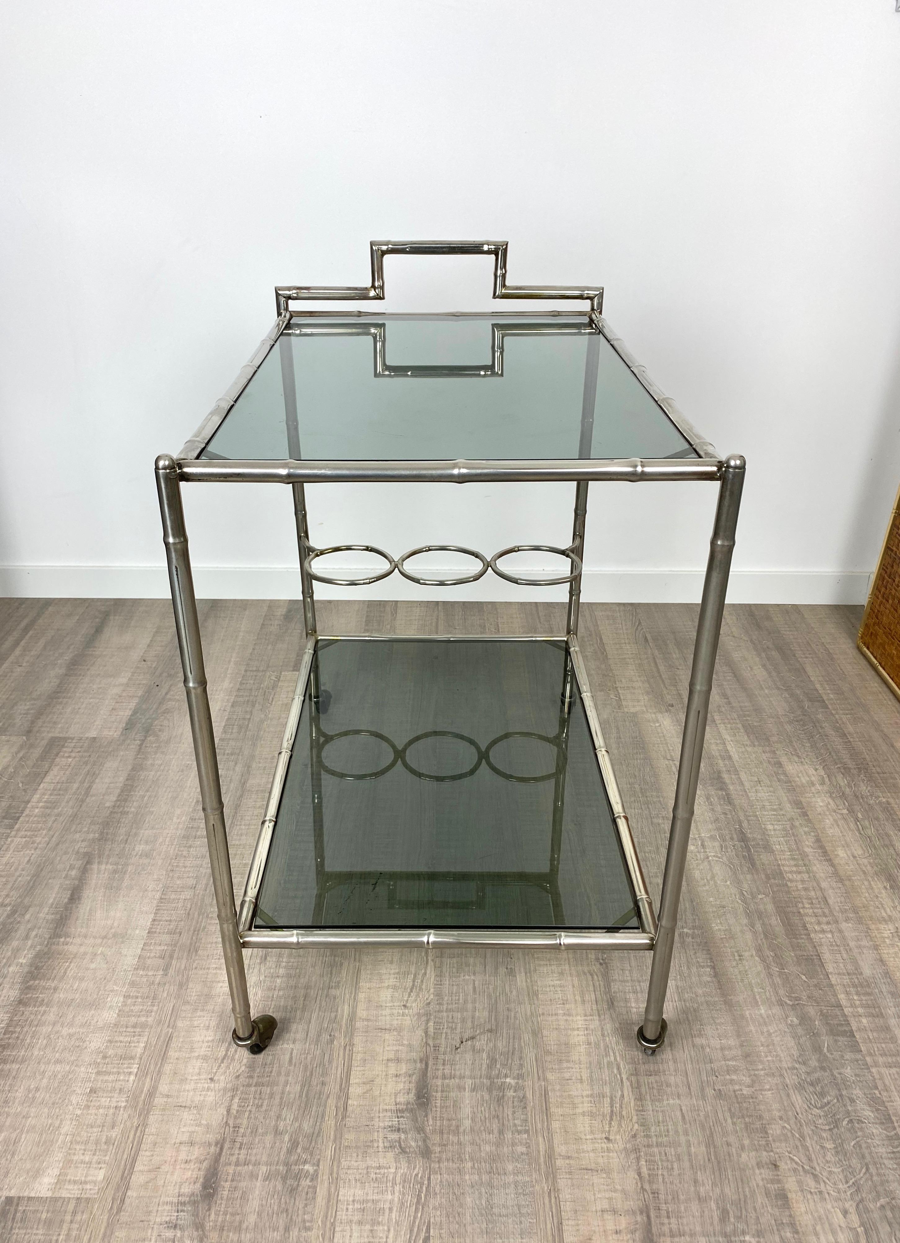 Faux Bamboo Silver and Glass Cart Trolley, Italy, 1970s For Sale 4