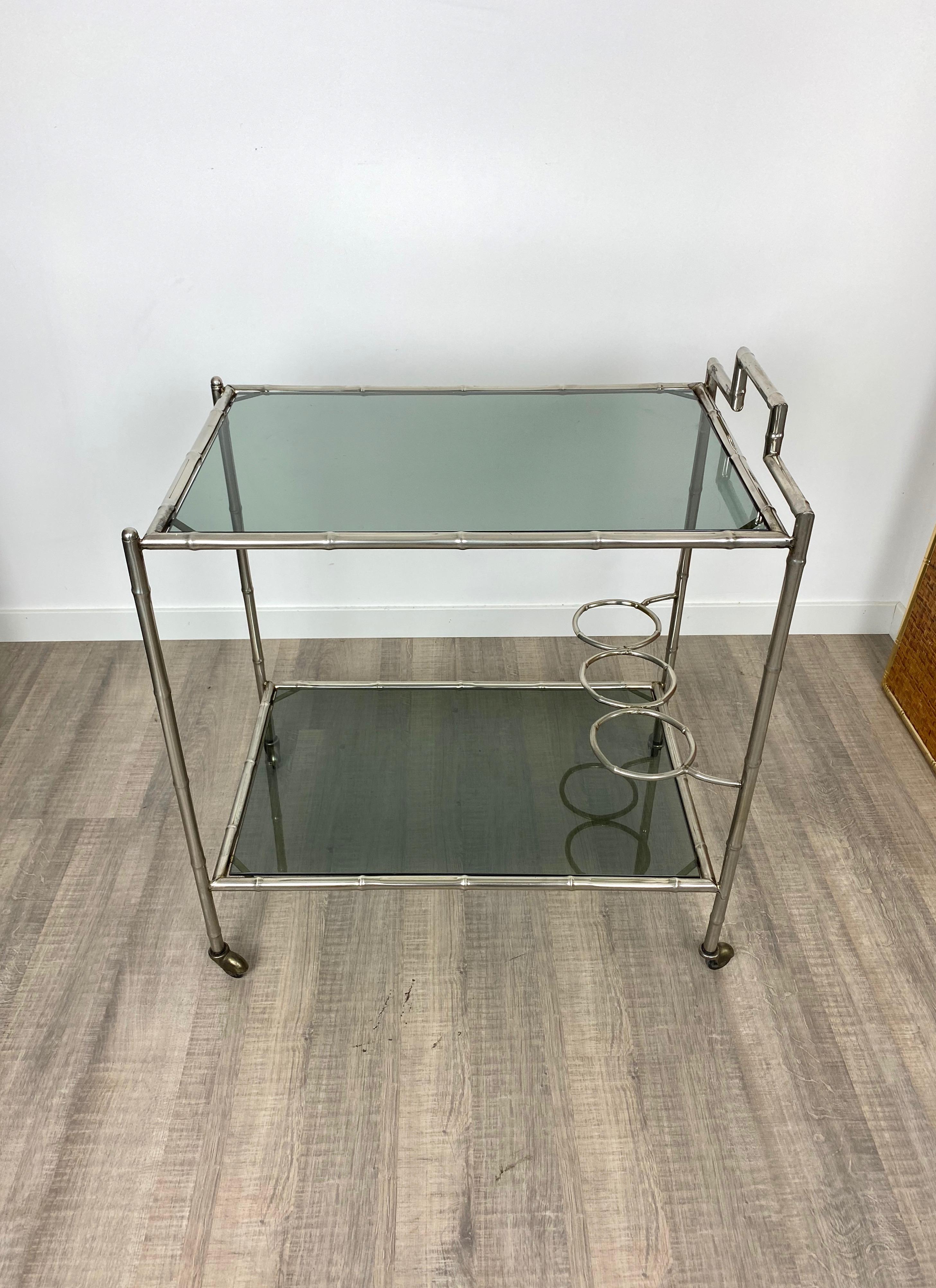 Faux Bamboo Silver and Glass Cart Trolley, Italy, 1970s For Sale 5