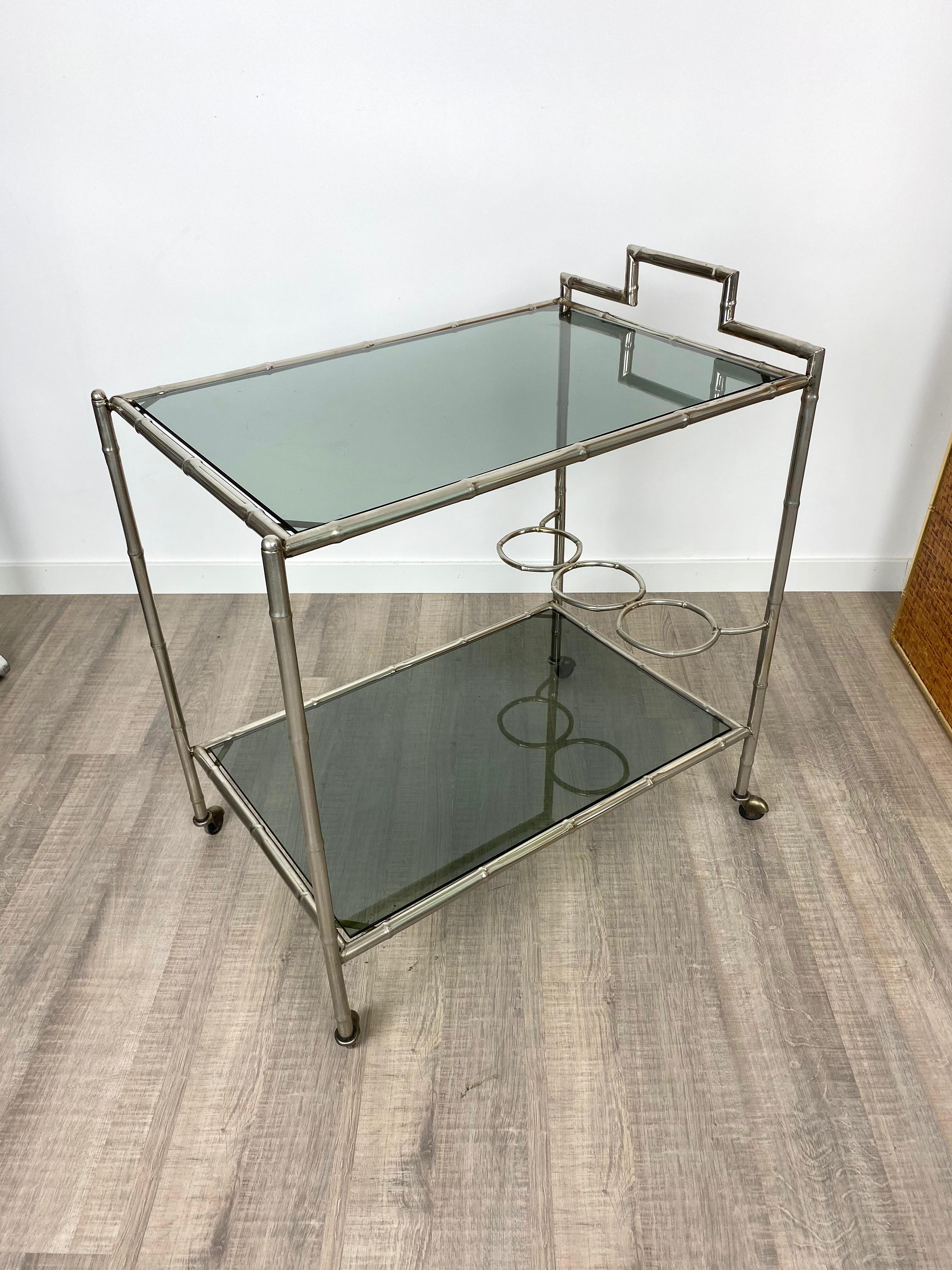 Faux Bamboo Silver and Glass Cart Trolley, Italy, 1970s For Sale 6