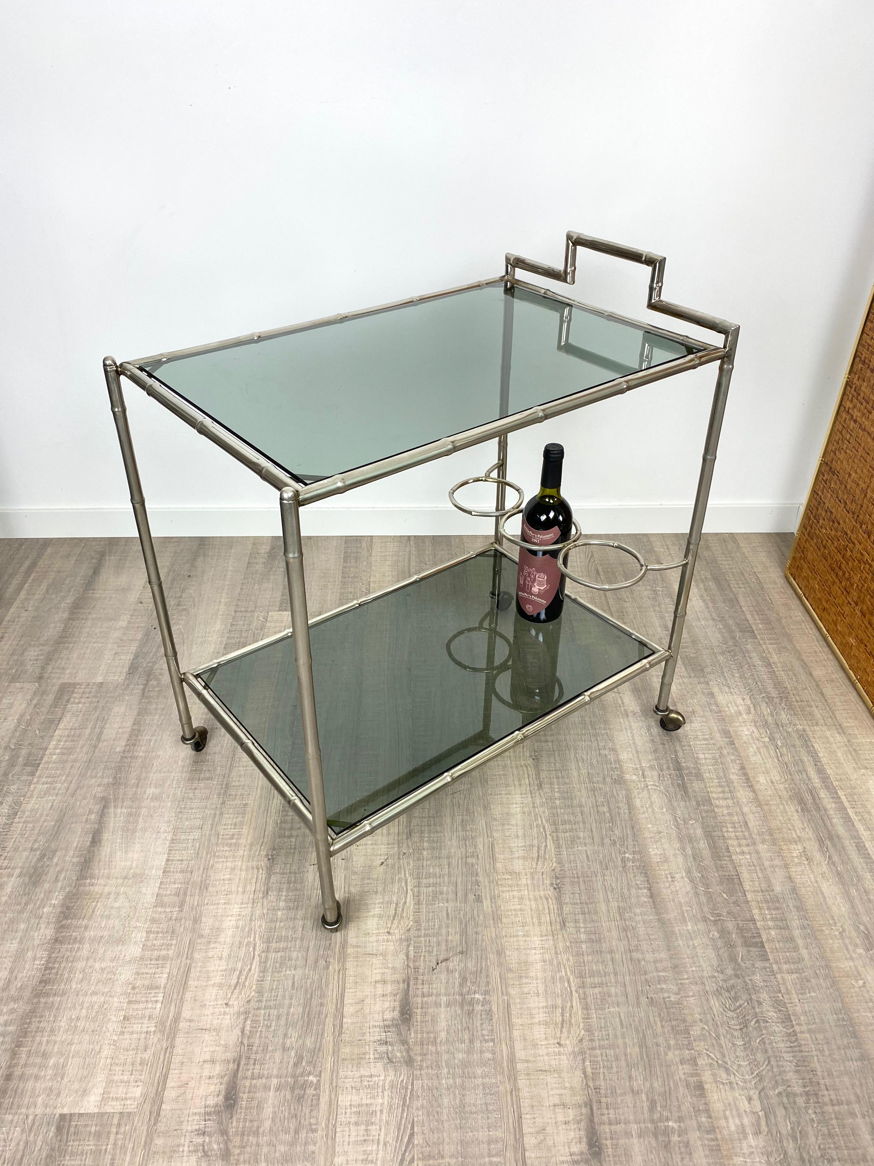 Faux Bamboo Silver and Glass Cart Trolley, Italy, 1970s For Sale 7