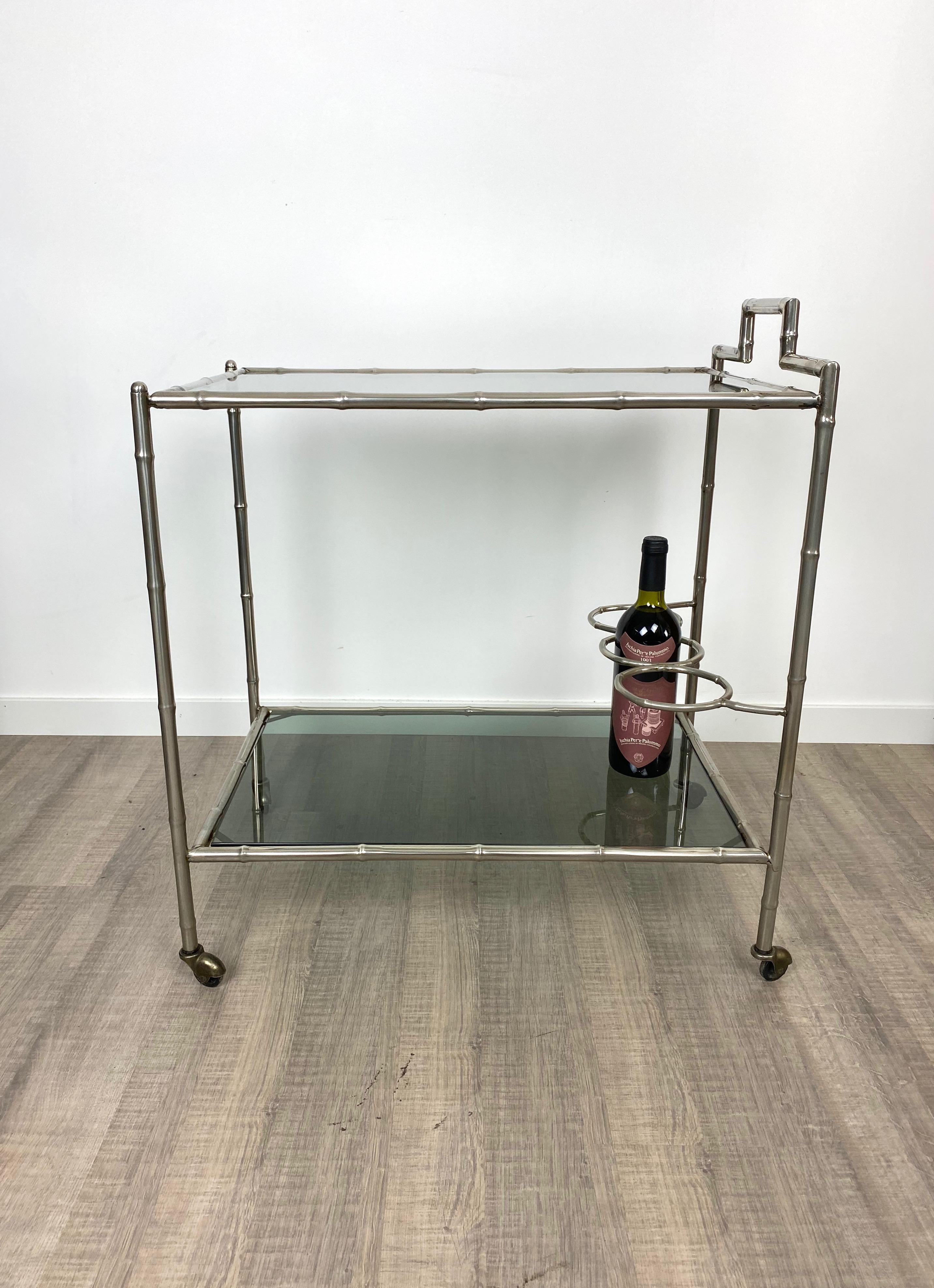 Faux Bamboo Silver and Glass Cart Trolley, Italy, 1970s For Sale 8