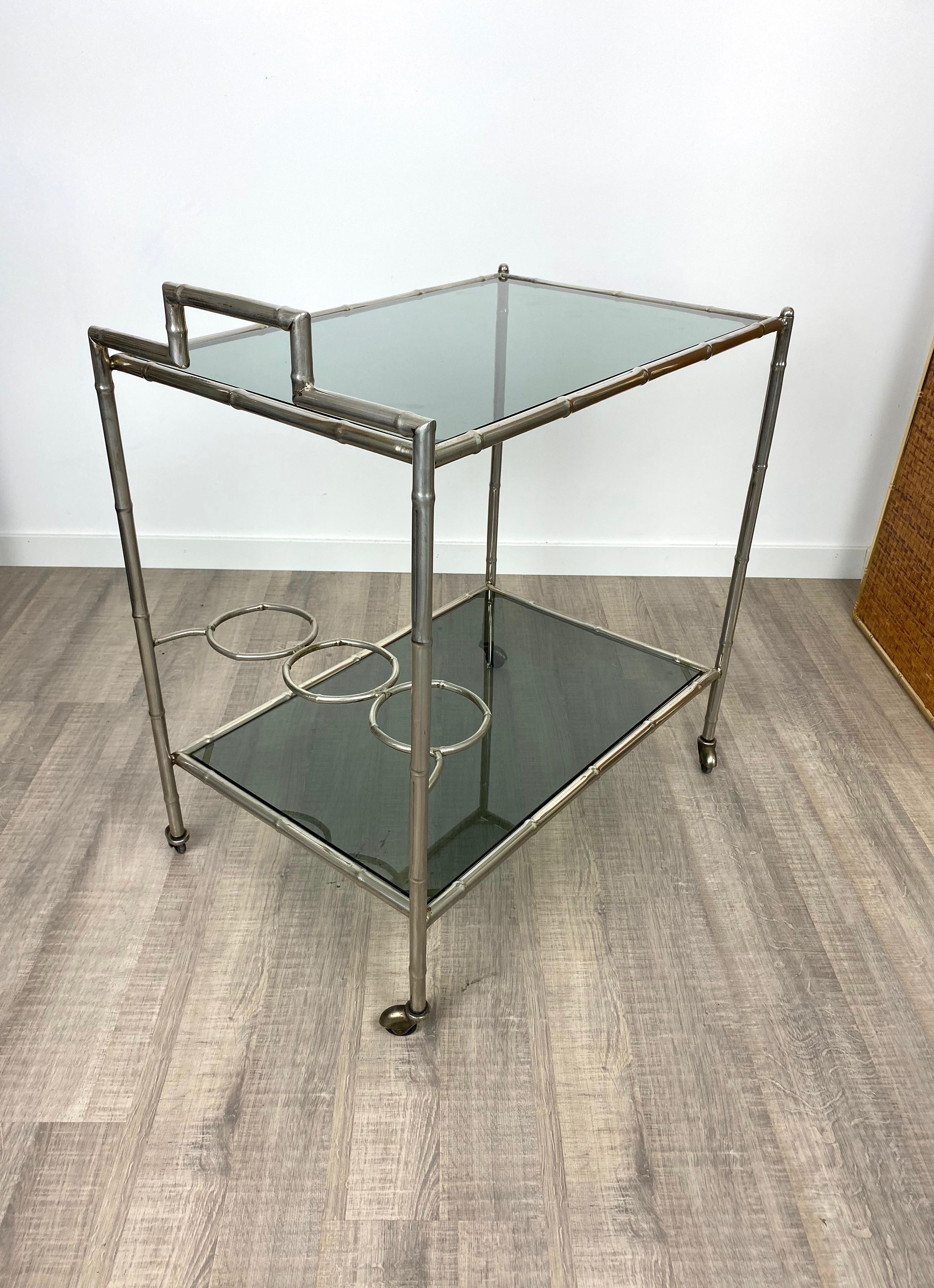 Faux Bamboo Silver and Glass Cart Trolley, Italy, 1970s For Sale 9