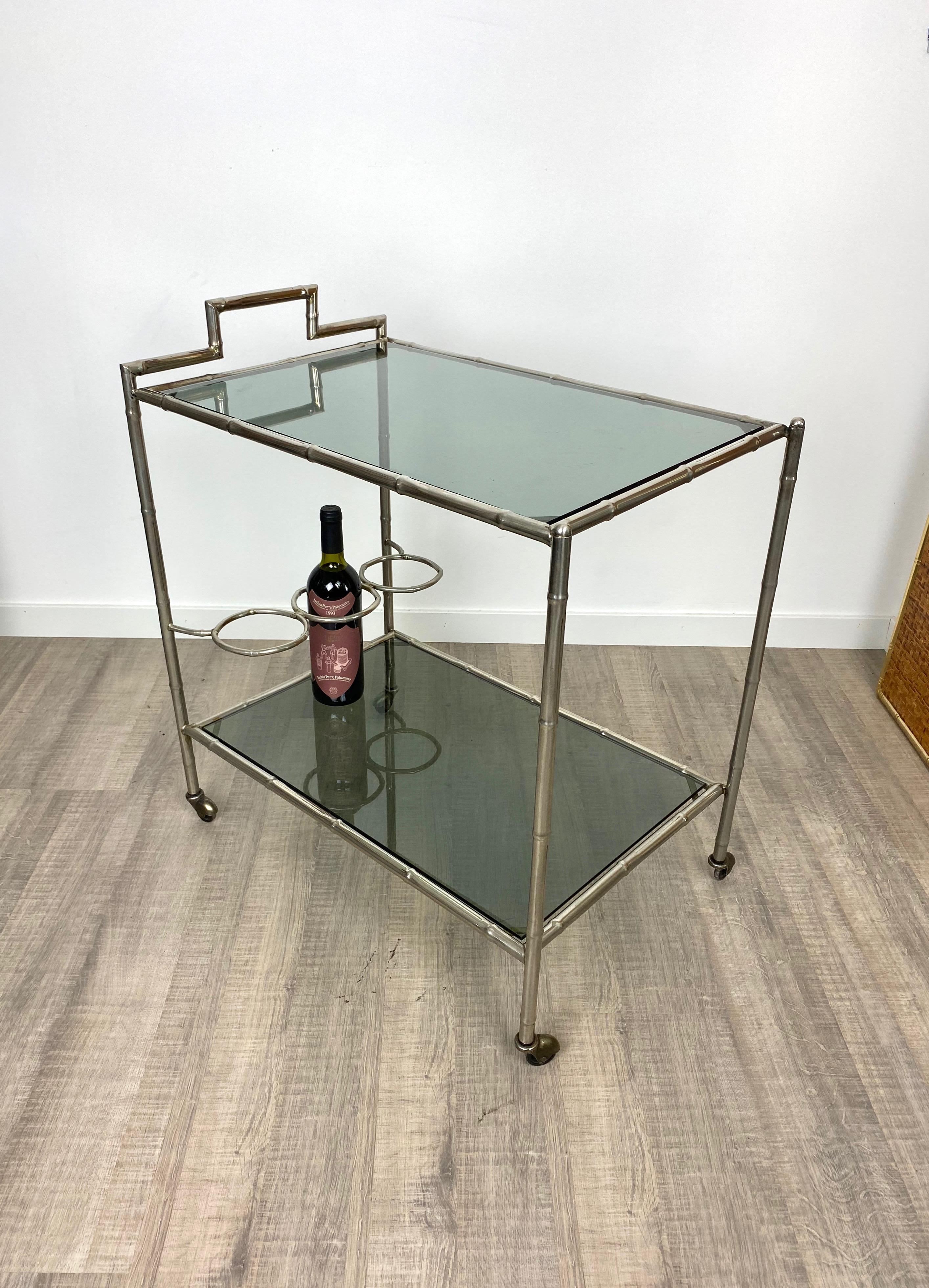 Faux Bamboo Silver and Glass Cart Trolley, Italy, 1970s For Sale 10